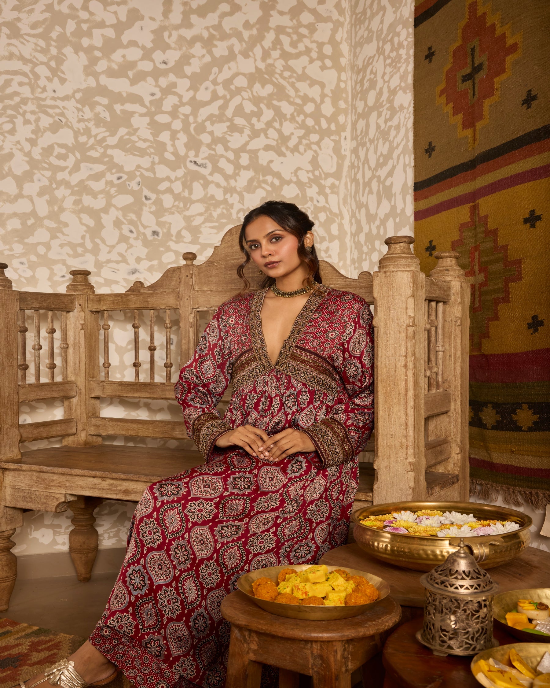 V-Neck Kurta Set by Akashi Clothing with Ajrakh by Akashi Clothing at Kamakhyaa for sustainable fashion