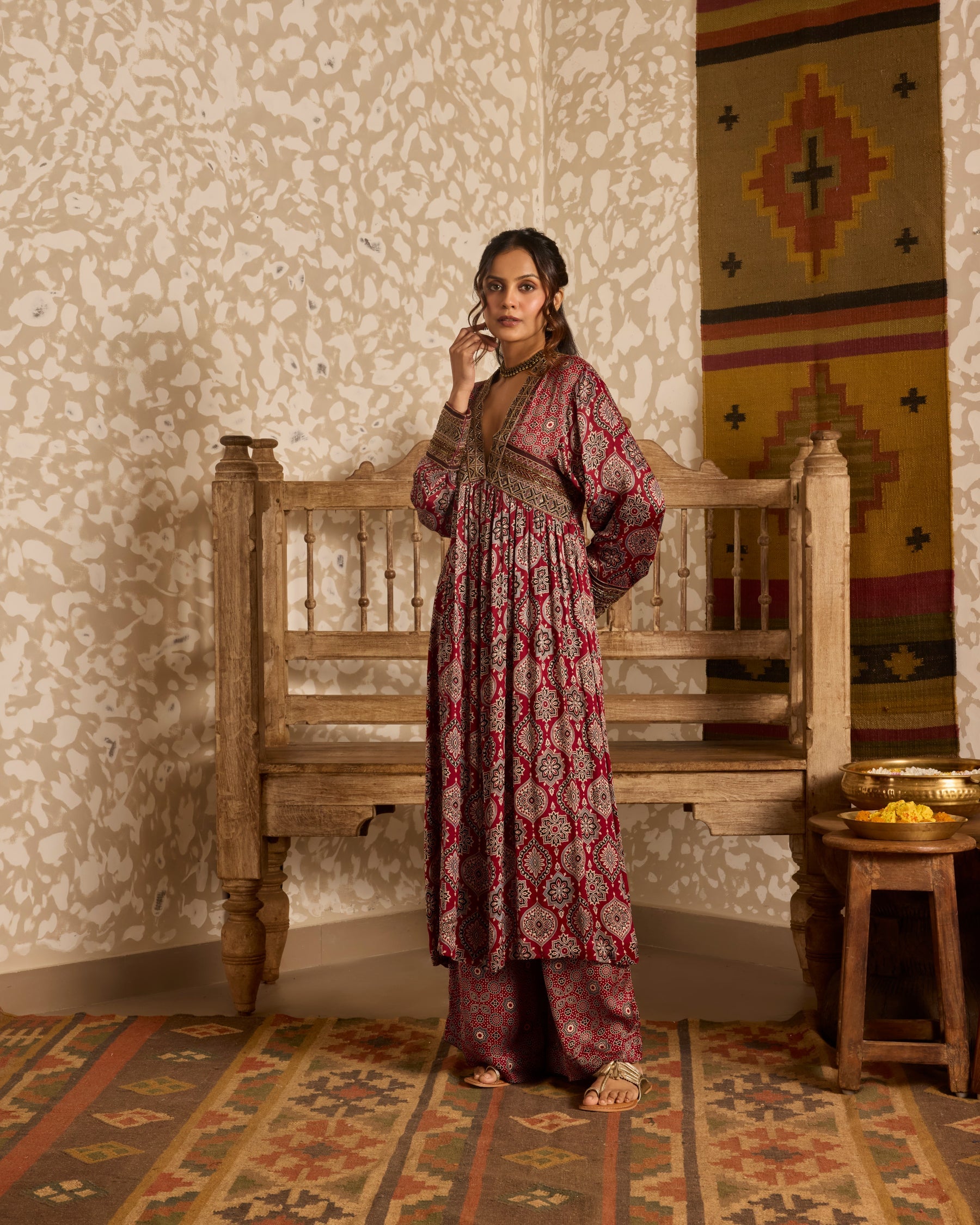 V-Neck Kurta Set by Akashi Clothing with Ajrakh by Akashi Clothing at Kamakhyaa for sustainable fashion