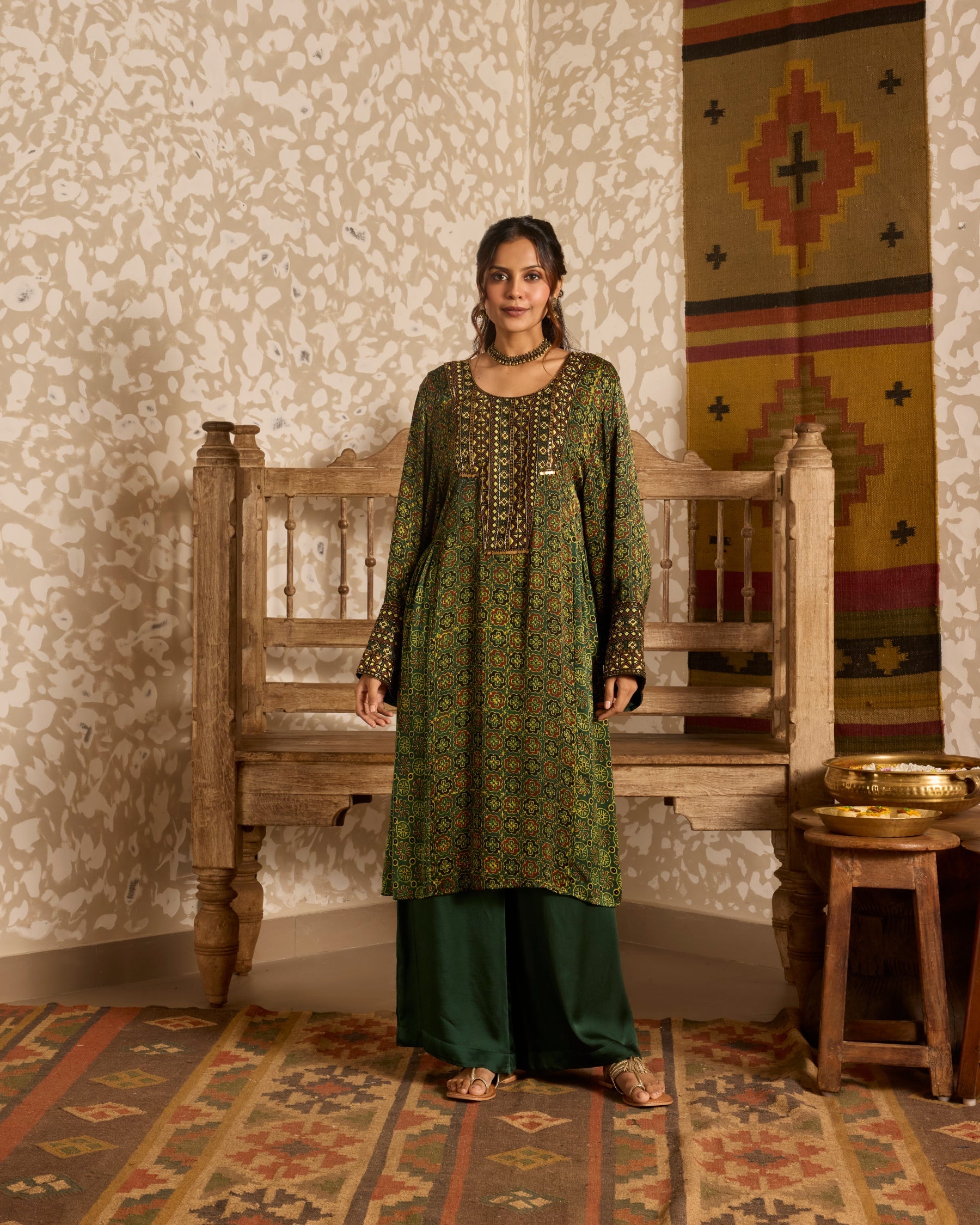 Long Kurta Wide Leg Pants Set by Akashi Clothing with Ajrakh by Akashi Clothing at Kamakhyaa for sustainable fashion