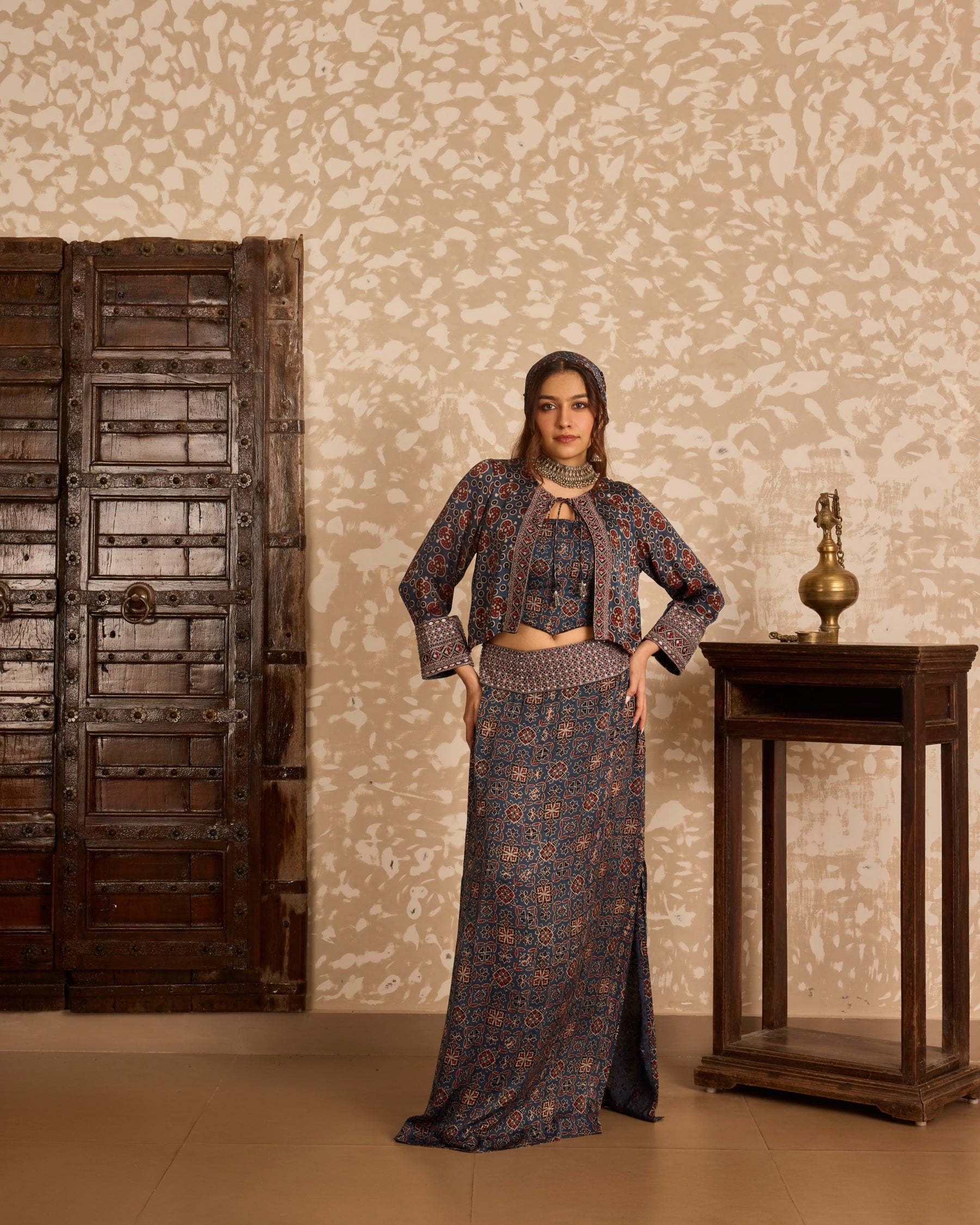 Short Jacket with Corset & Long Skirt Set by Akashi Clothing with Ajrakh by Akashi Clothing at Kamakhyaa for sustainable fashion