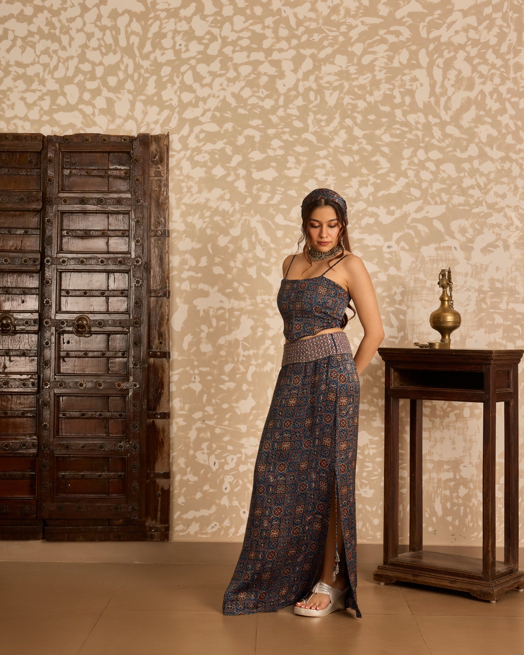 Short Jacket with Corset & Long Skirt Set by Akashi Clothing with Ajrakh by Akashi Clothing at Kamakhyaa for sustainable fashion