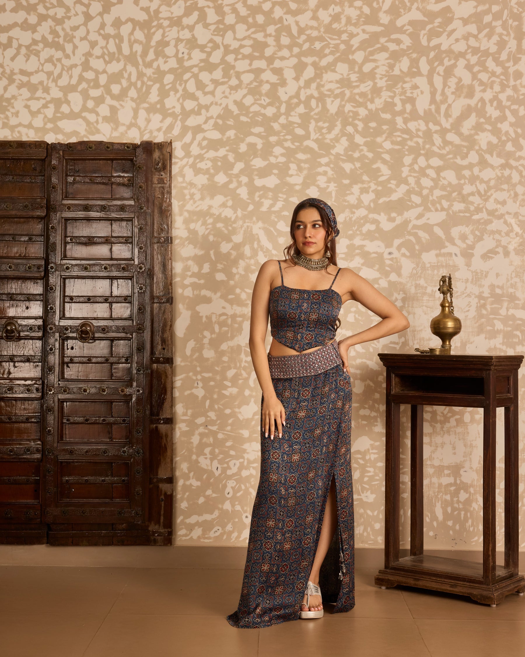 Corset & Long Skirt by Akashi Clothing with Ajrakh by Akashi Clothing at Kamakhyaa for sustainable fashion