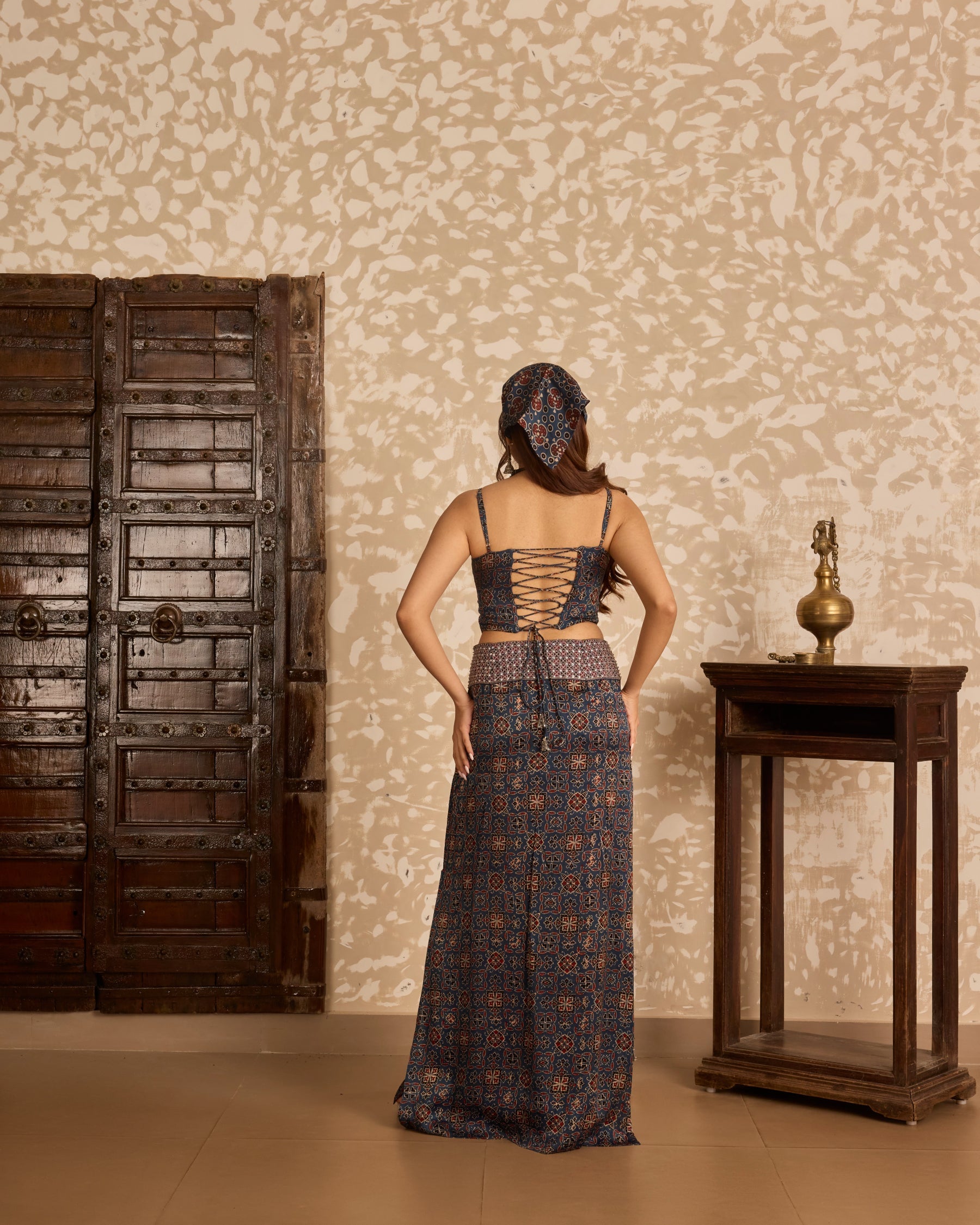 Corset & Long Skirt by Akashi Clothing with Ajrakh by Akashi Clothing at Kamakhyaa for sustainable fashion