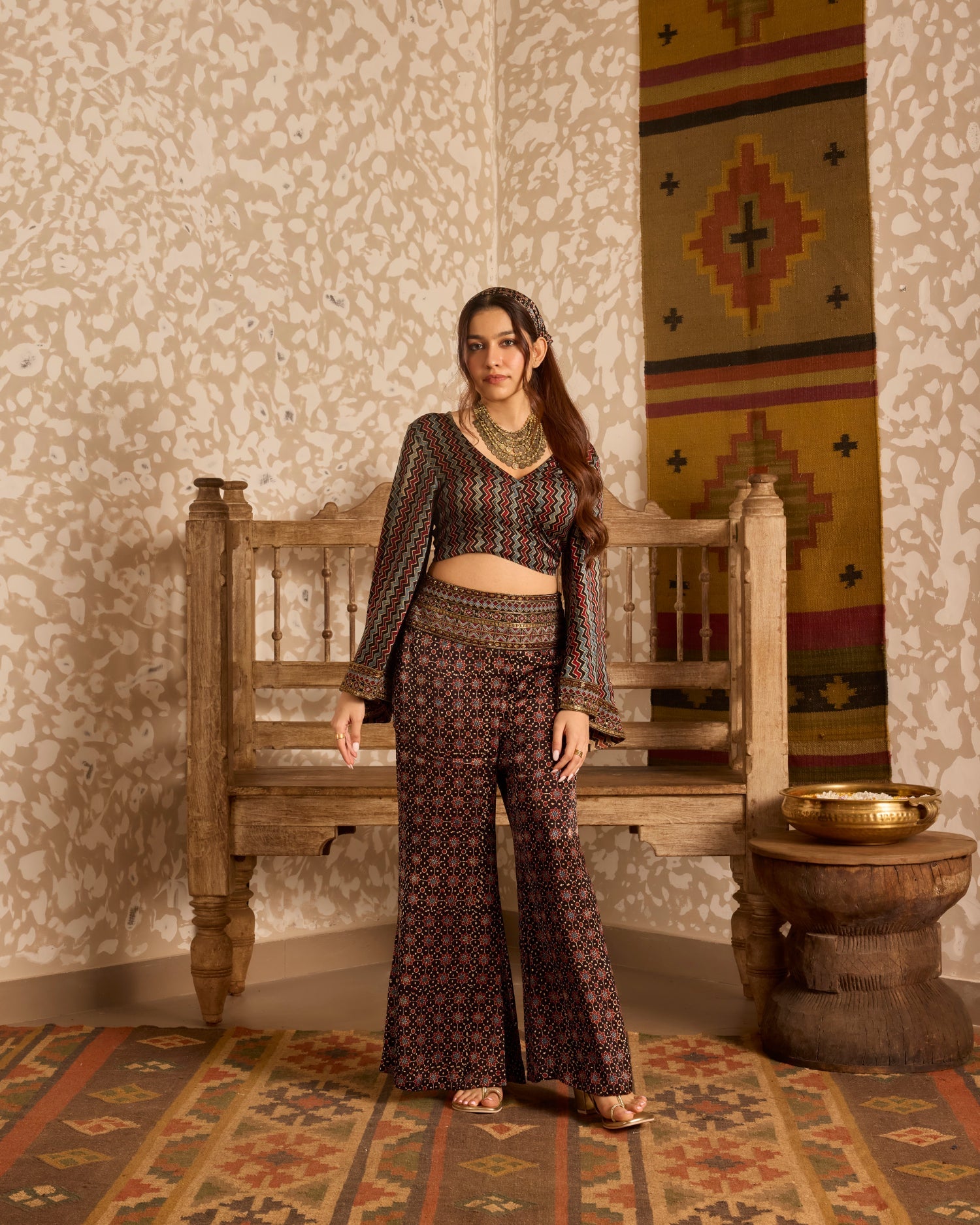 Wrap top with flared pant set by Akashi Clothing with Ajrakh by Akashi Clothing at Kamakhyaa for sustainable fashion