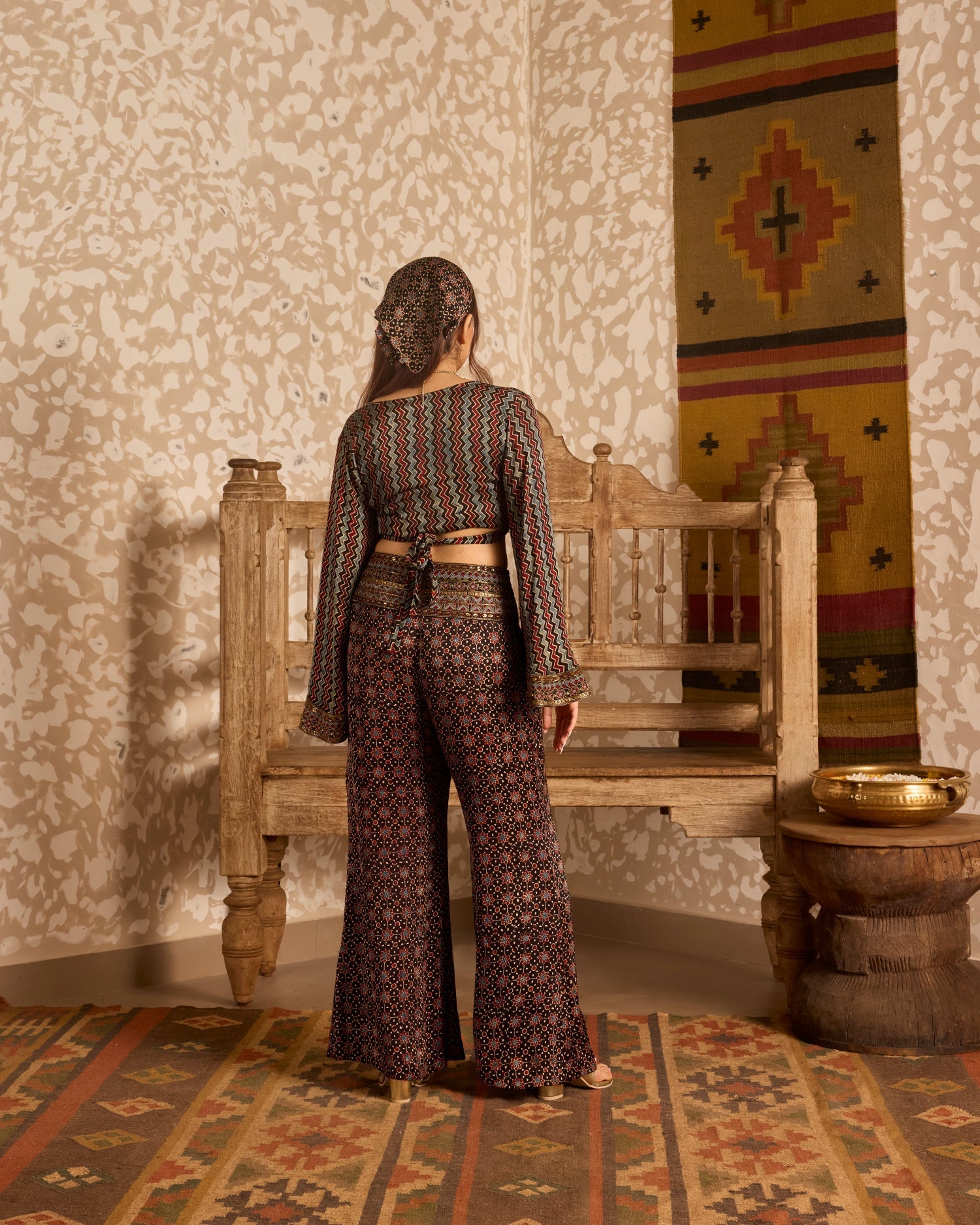 Wrap top with flared pant set by Akashi Clothing with Ajrakh by Akashi Clothing at Kamakhyaa for sustainable fashion