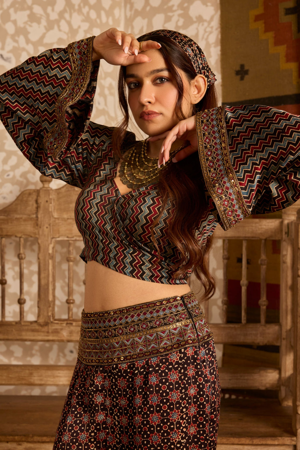 Wrap top with flared pant set by Akashi Clothing with Ajrakh by Akashi Clothing at Kamakhyaa for sustainable fashion