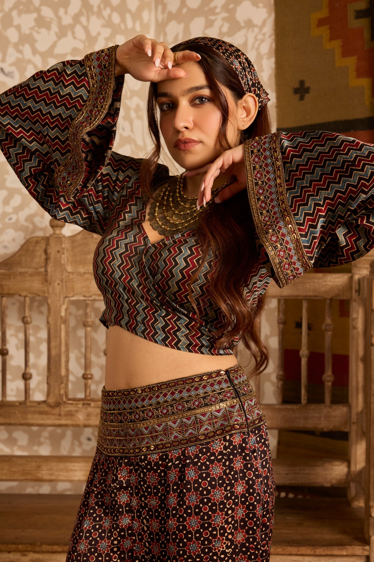 Wrap top with flared pant set by Akashi Clothing with Ajrakh by Akashi Clothing at Kamakhyaa for sustainable fashion