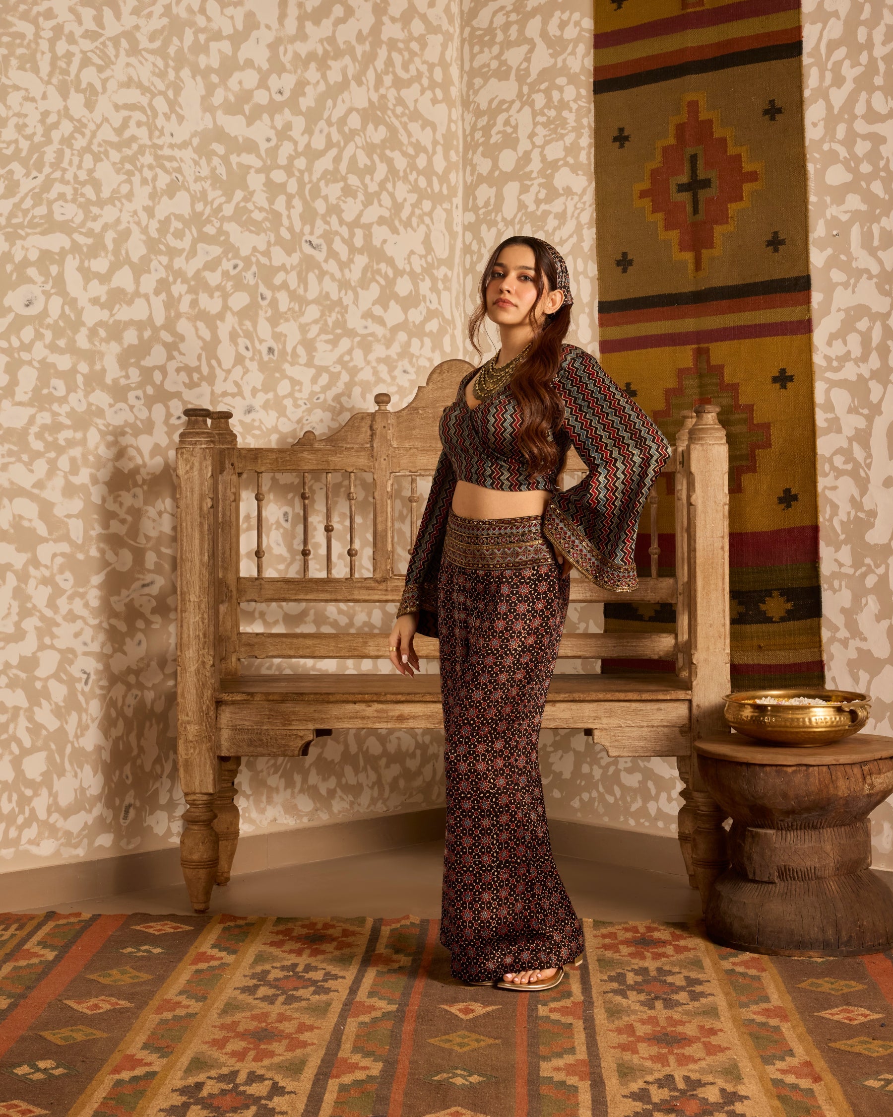 Wrap top with flared pant set by Akashi Clothing with Ajrakh by Akashi Clothing at Kamakhyaa for sustainable fashion