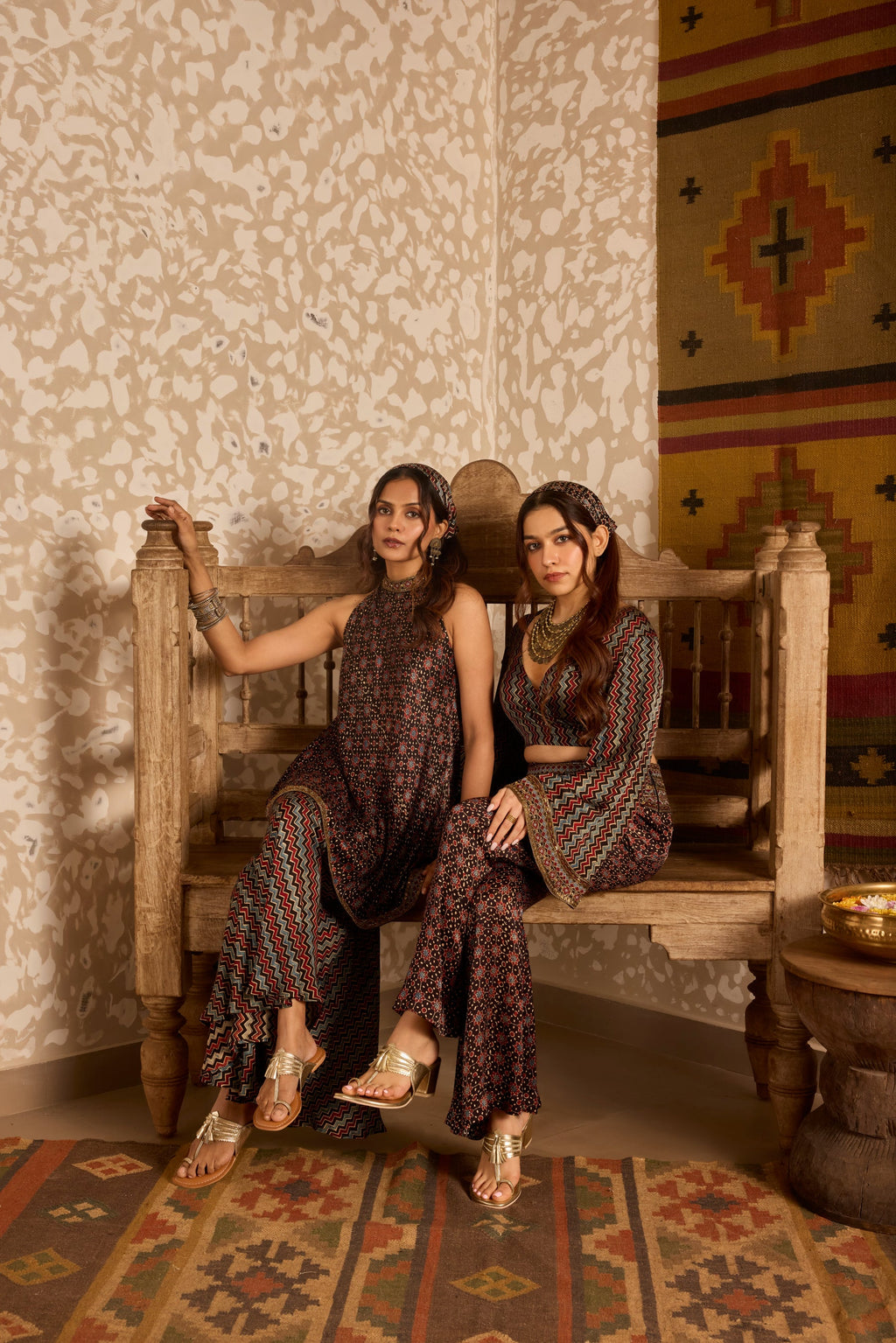 Wrap top with flared pant set by Akashi Clothing with Ajrakh by Akashi Clothing at Kamakhyaa for sustainable fashion