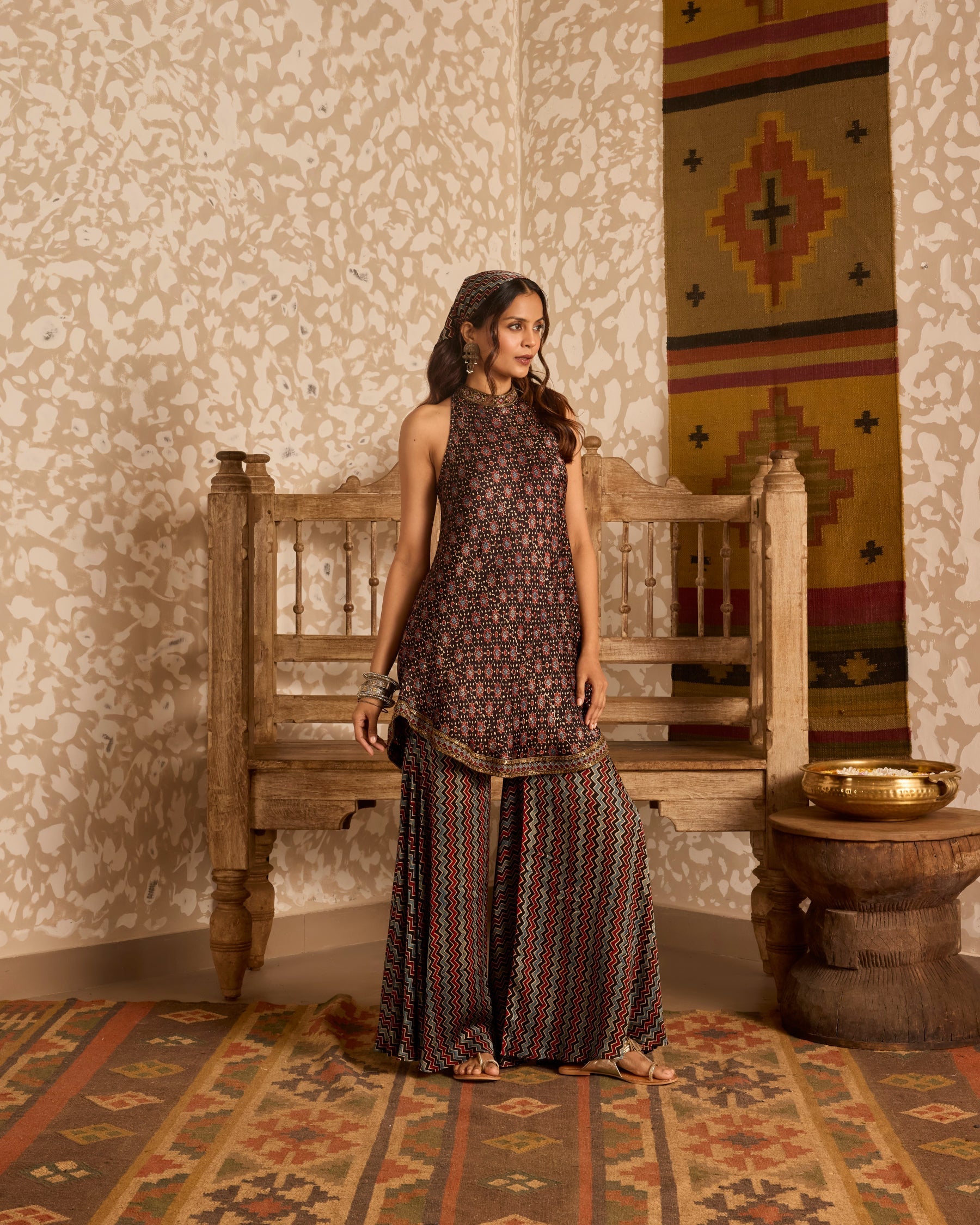 Halter neck tunic with sharara pants by Akashi Clothing with Ajrakh by Akashi Clothing at Kamakhyaa for sustainable fashion