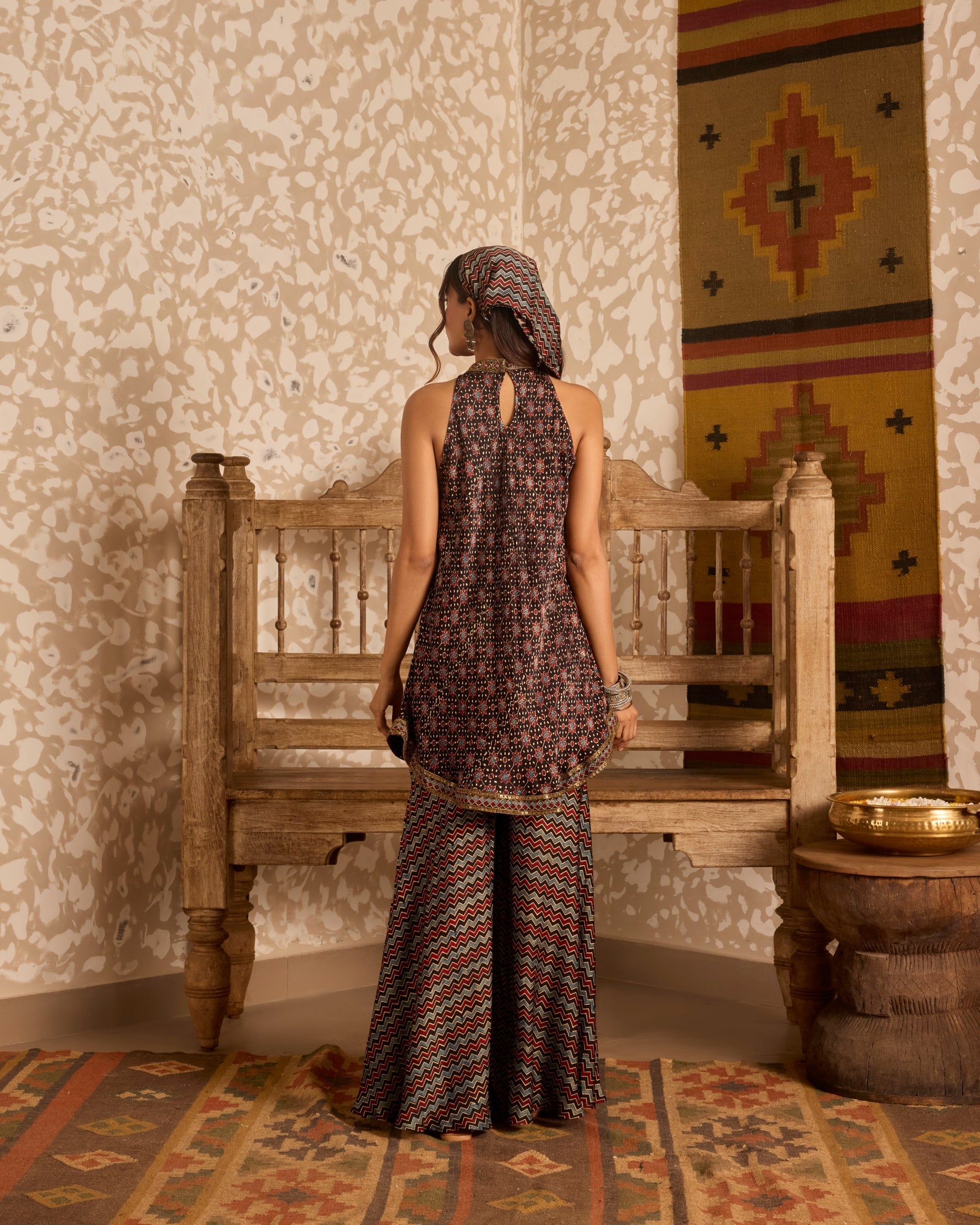 Halter neck tunic with sharara pants by Akashi Clothing with Ajrakh by Akashi Clothing at Kamakhyaa for sustainable fashion