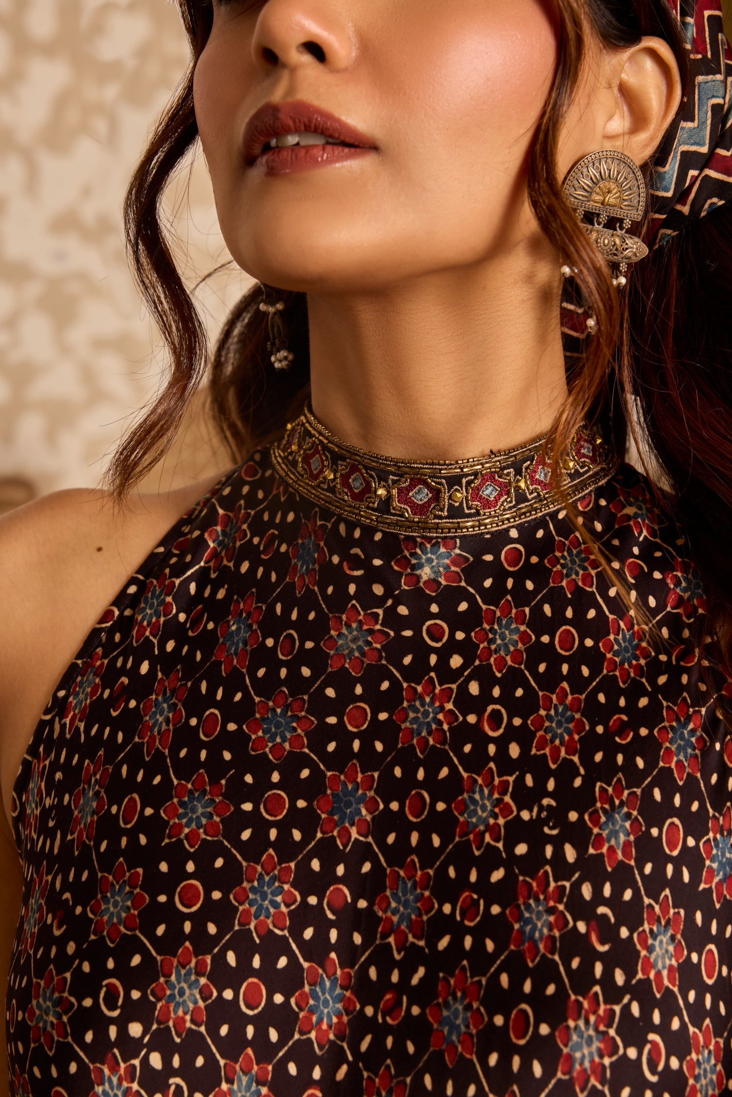 Halter neck tunic with sharara pants by Akashi Clothing with Ajrakh by Akashi Clothing at Kamakhyaa for sustainable fashion