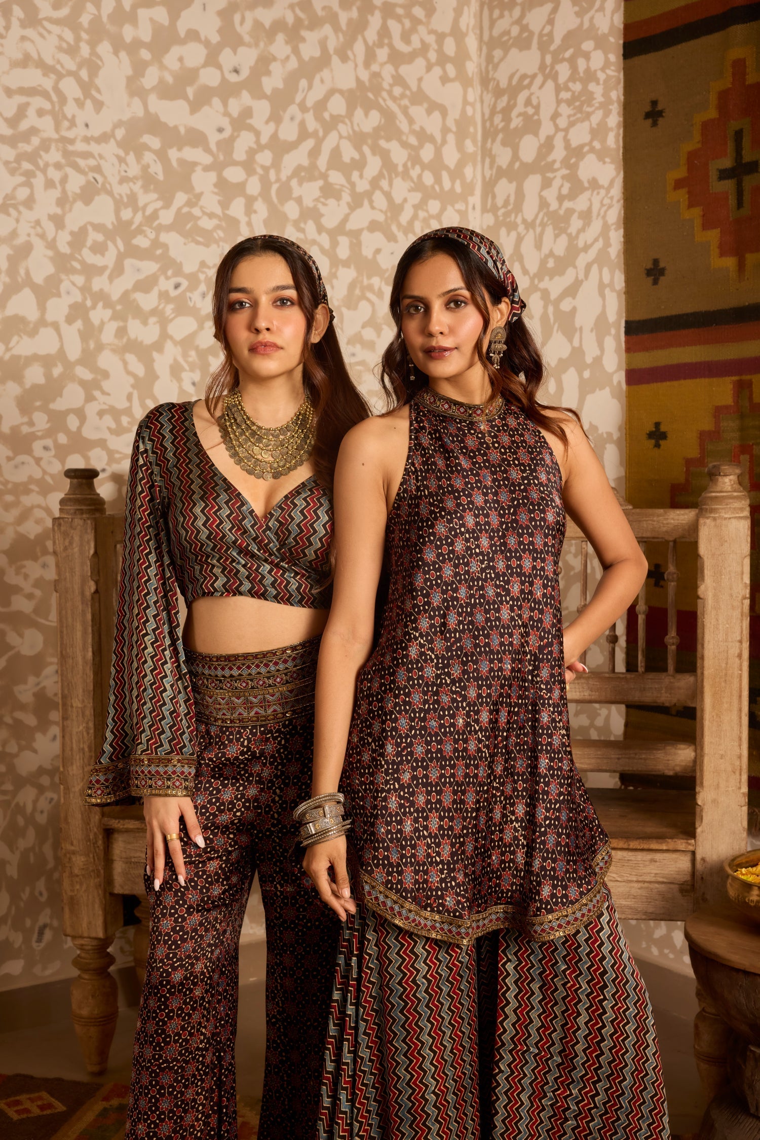 Halter neck tunic with sharara pants by Akashi Clothing with Ajrakh by Akashi Clothing at Kamakhyaa for sustainable fashion