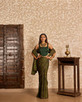 Corset blouse with saree by Akashi Clothing with Ajrakh by Akashi Clothing at Kamakhyaa for sustainable fashion