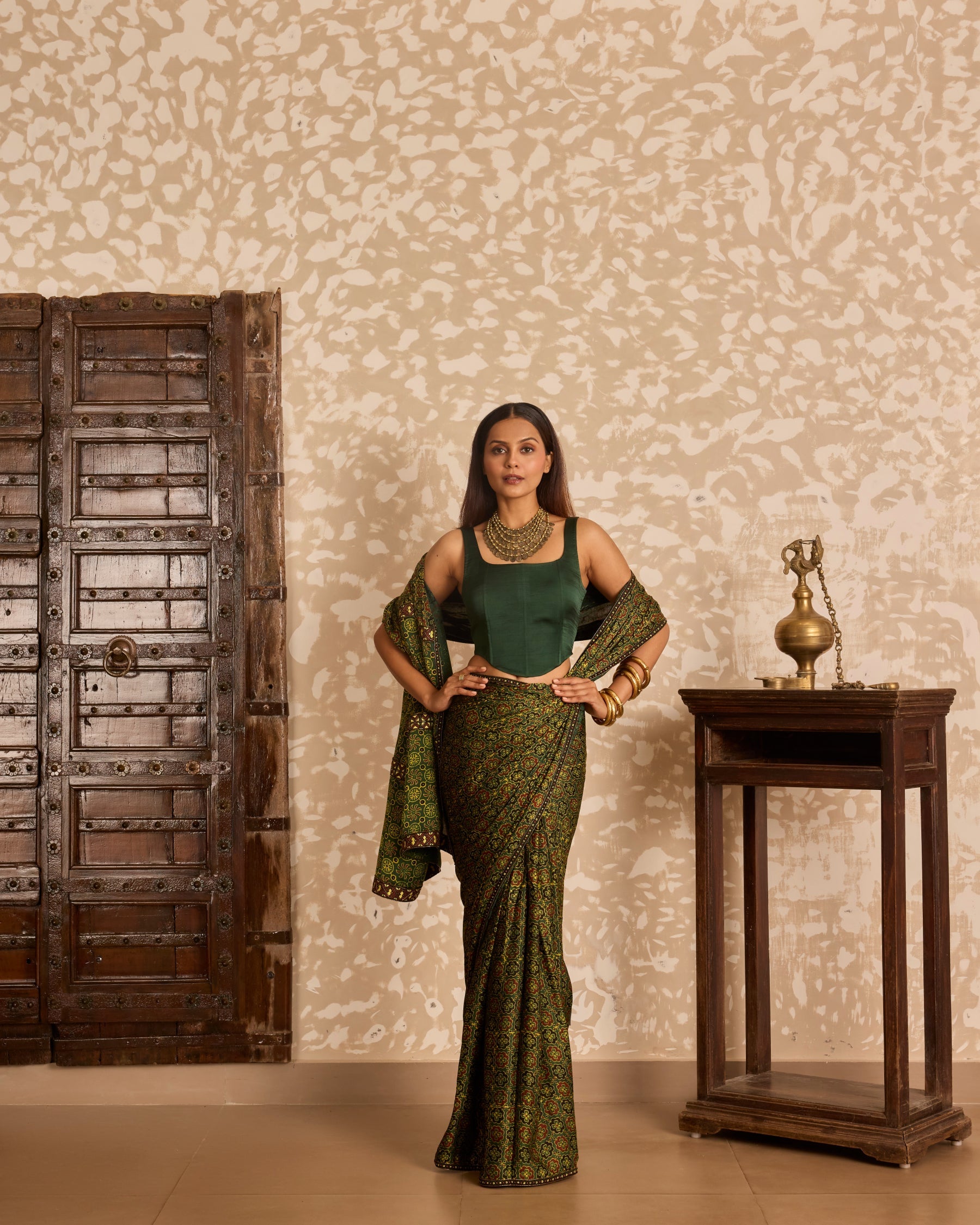 Corset blouse with saree by Akashi Clothing with Ajrakh by Akashi Clothing at Kamakhyaa for sustainable fashion