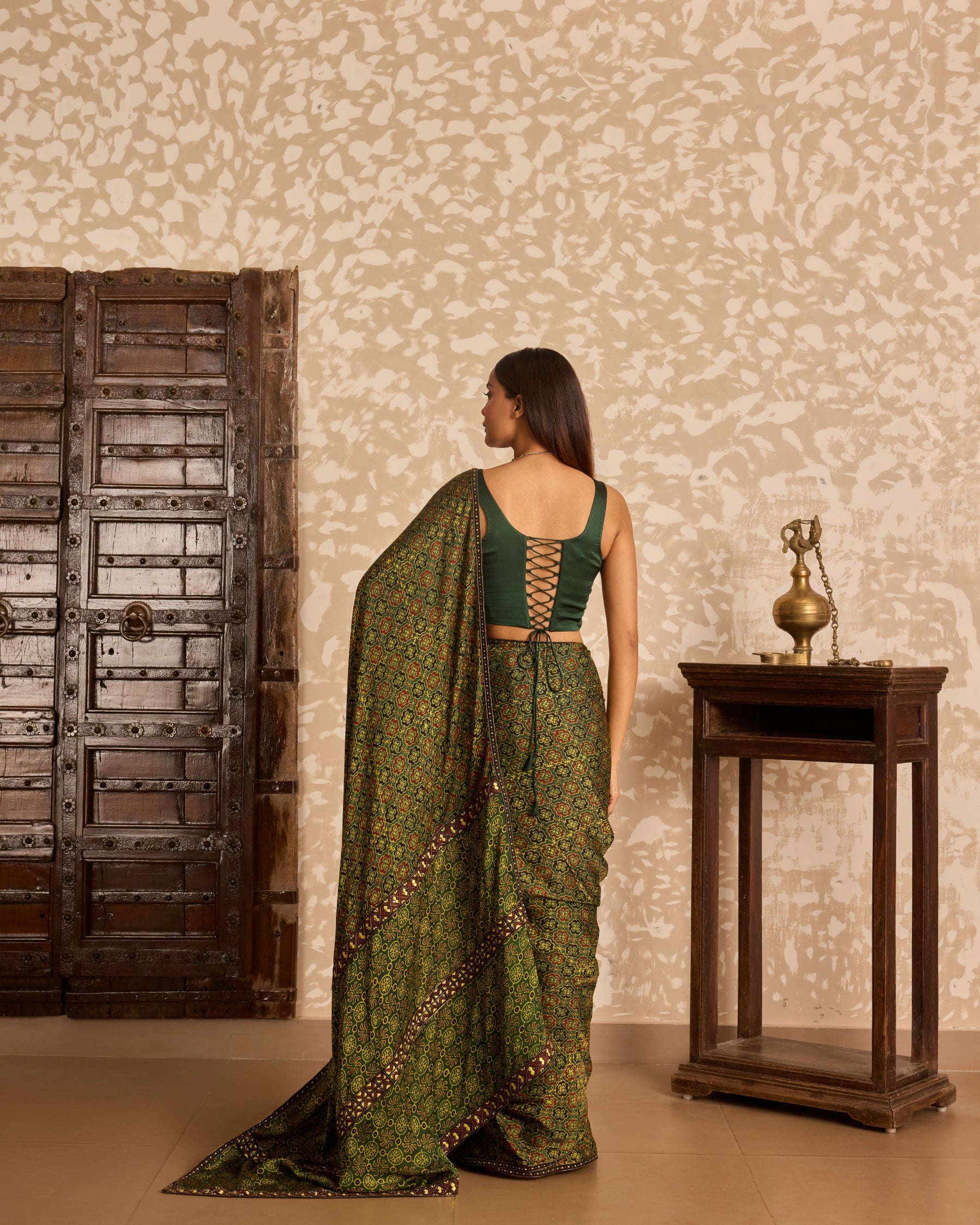 Corset blouse with saree by Akashi Clothing with Ajrakh by Akashi Clothing at Kamakhyaa for sustainable fashion