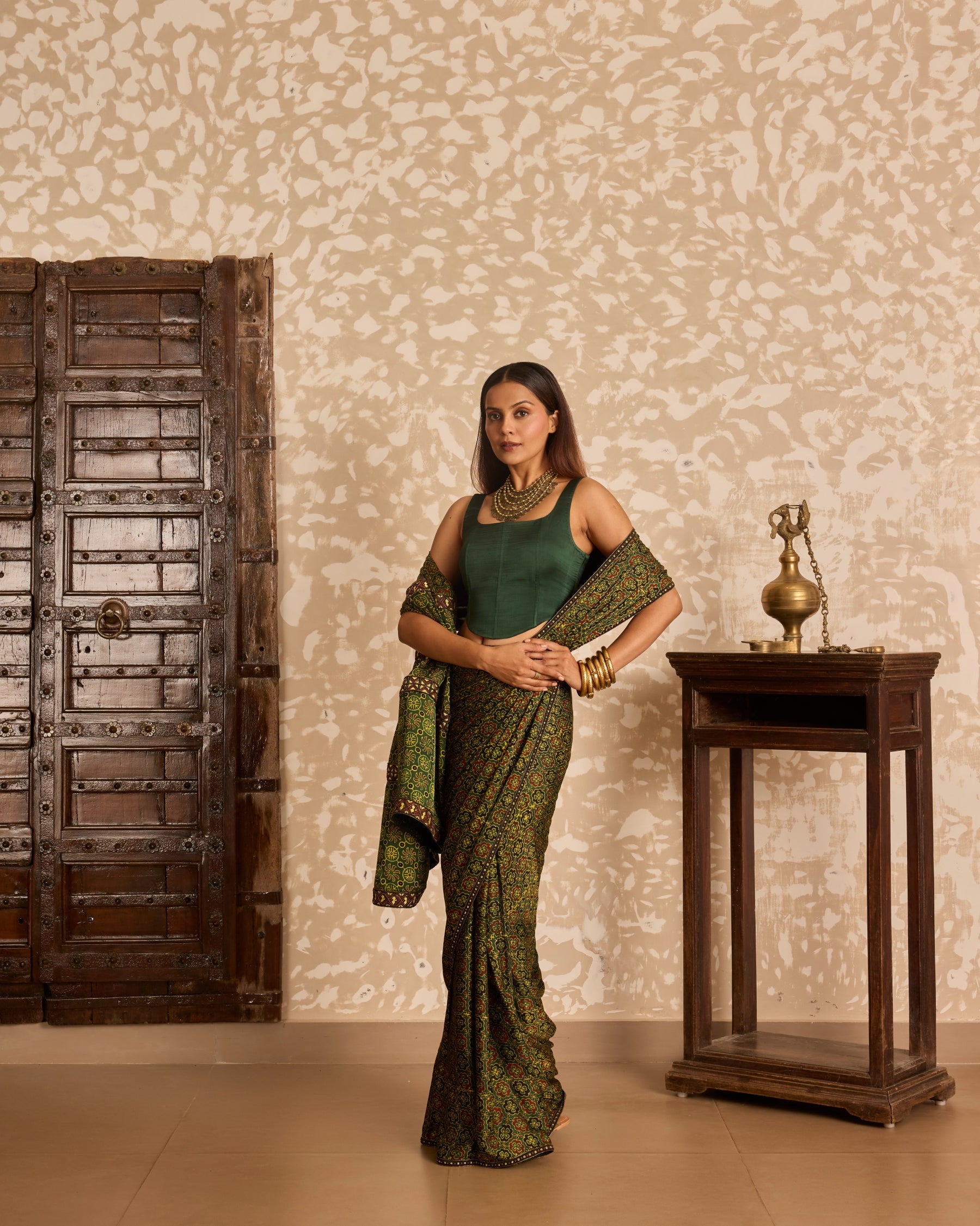 Corset blouse with saree by Akashi Clothing with Ajrakh by Akashi Clothing at Kamakhyaa for sustainable fashion