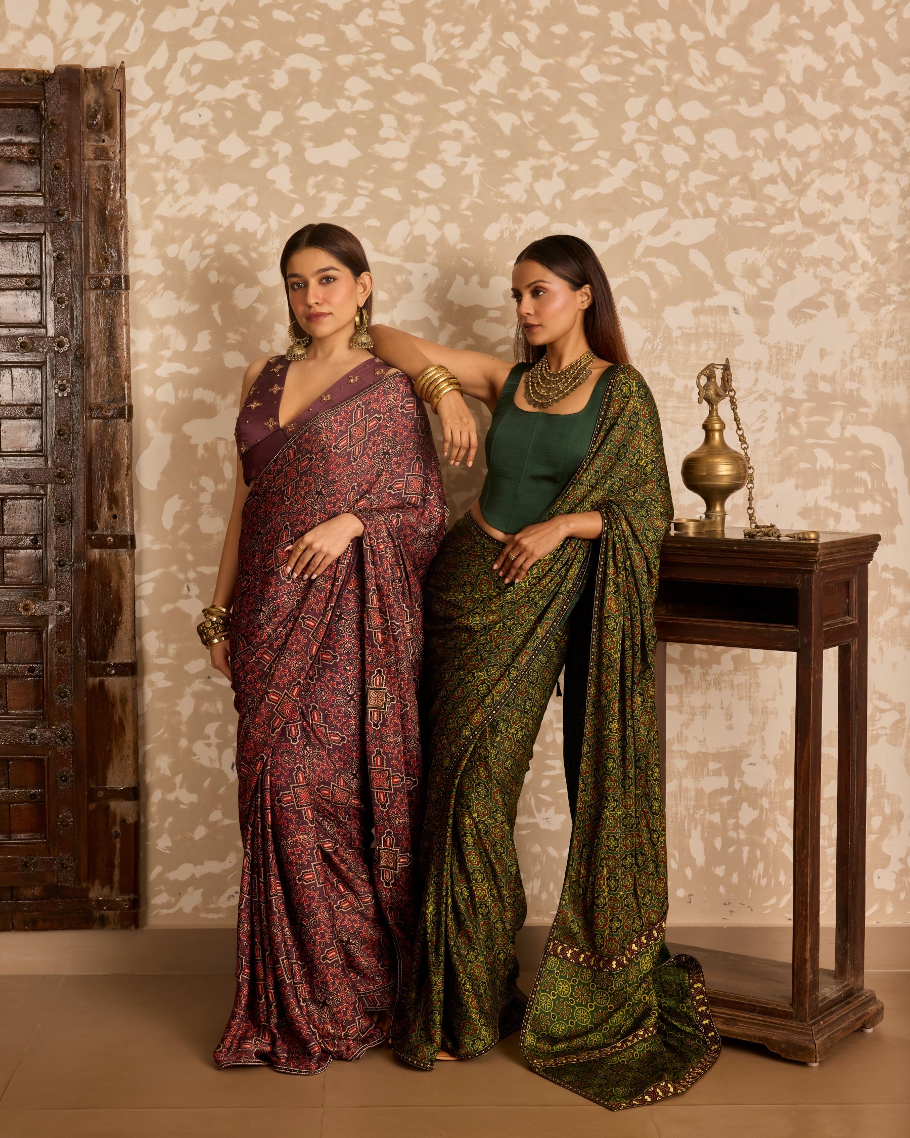 Corset blouse with saree by Akashi Clothing with Ajrakh by Akashi Clothing at Kamakhyaa for sustainable fashion