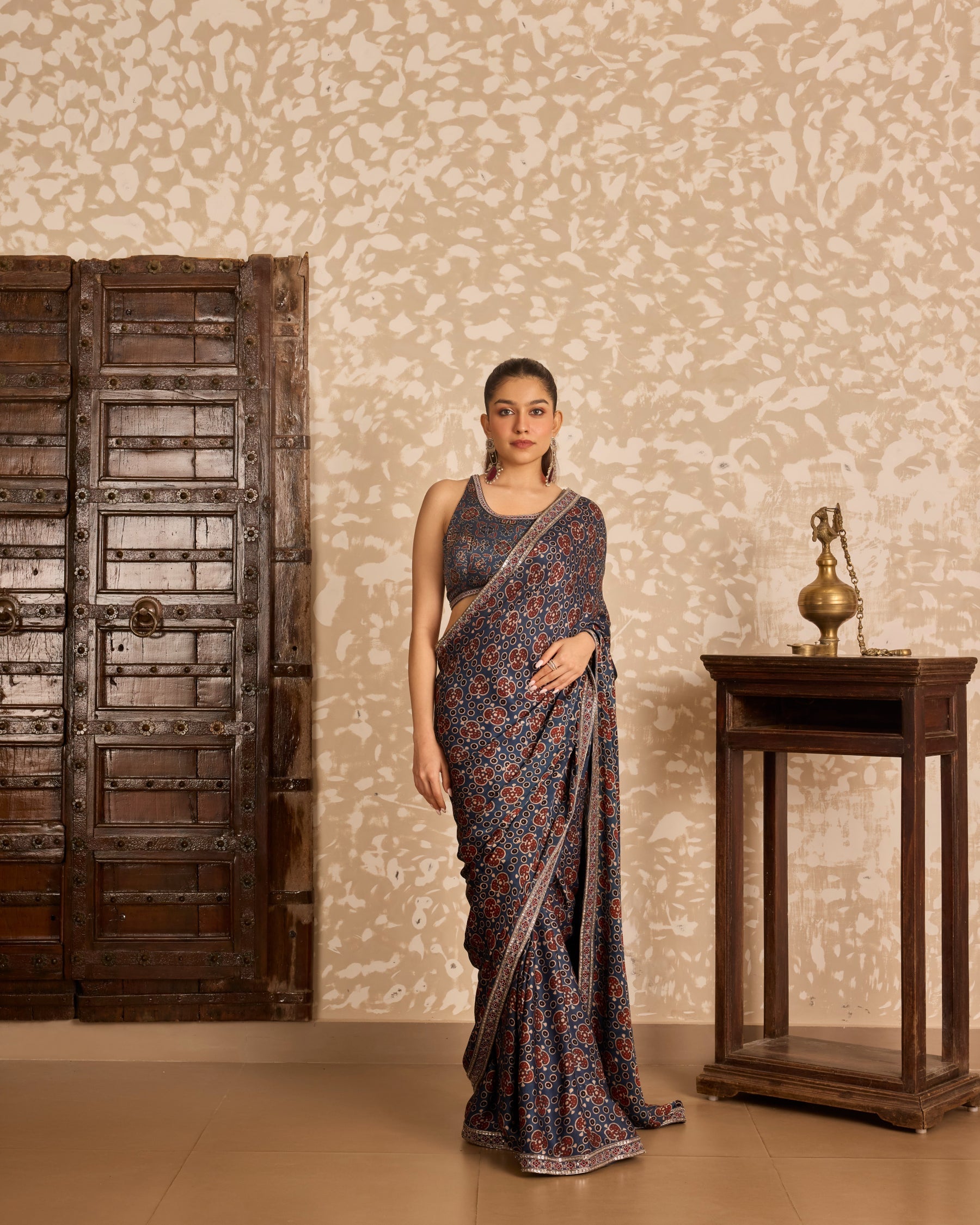 Round neck blouse with saree by Akashi Clothing with Ajrakh by Akashi Clothing at Kamakhyaa for sustainable fashion