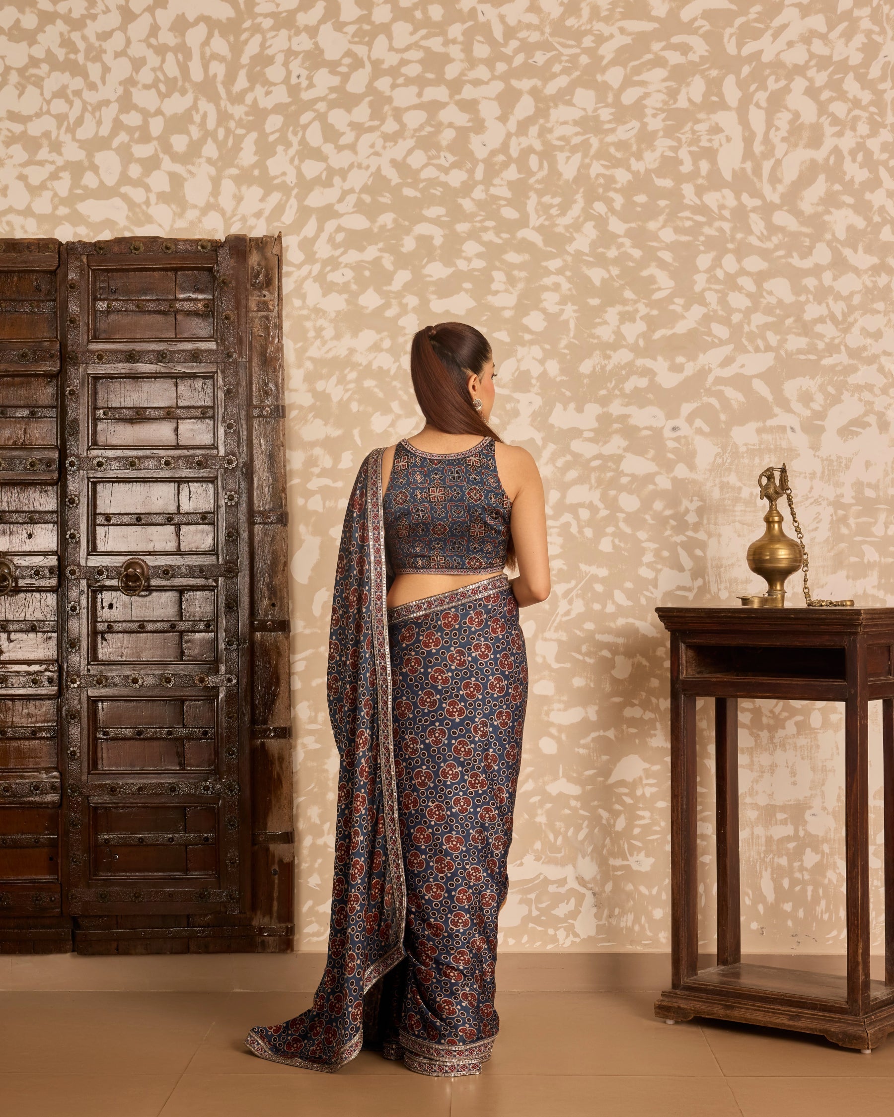 Round neck blouse with saree by Akashi Clothing with Ajrakh by Akashi Clothing at Kamakhyaa for sustainable fashion