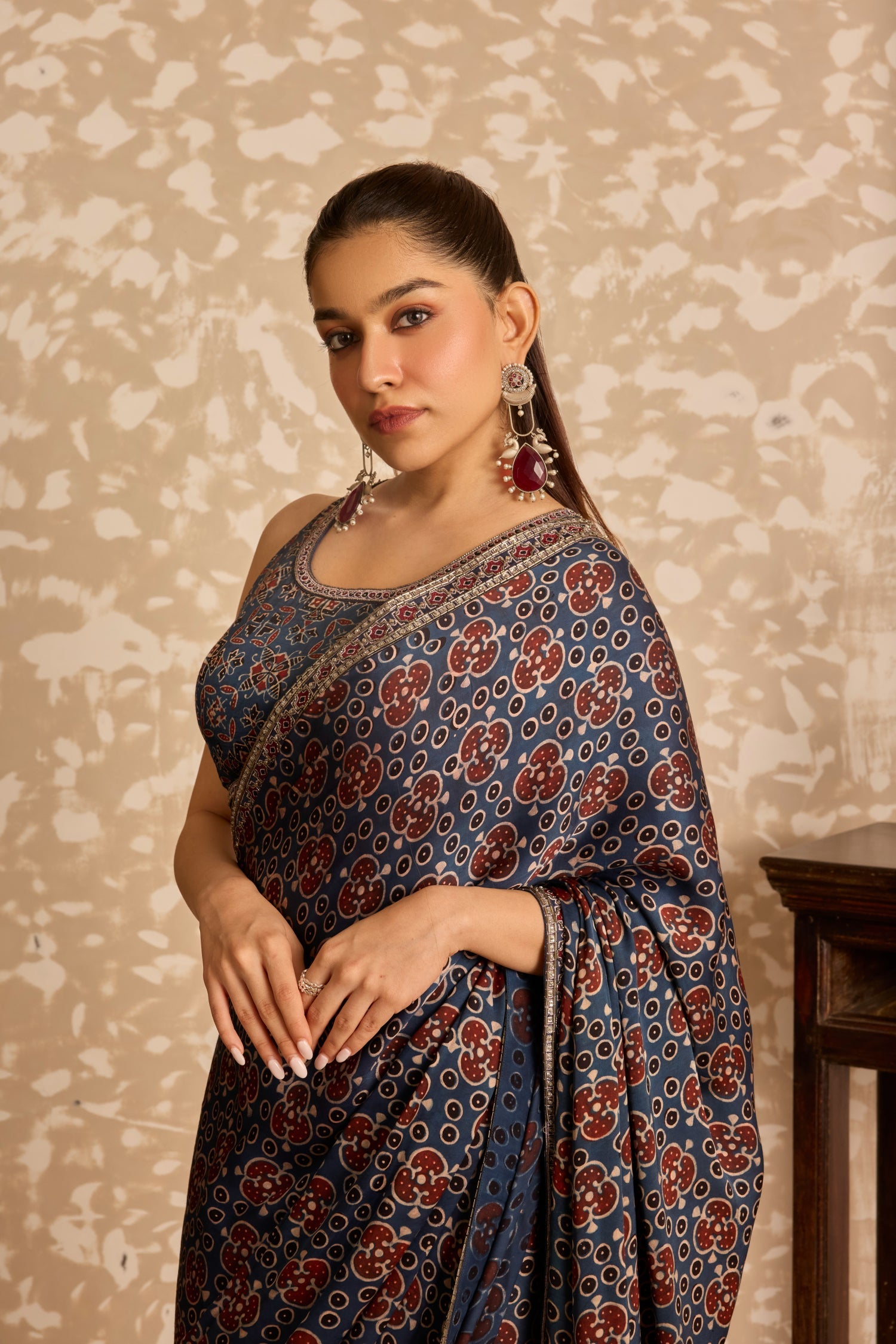 Round neck blouse with saree by Akashi Clothing with Ajrakh by Akashi Clothing at Kamakhyaa for sustainable fashion