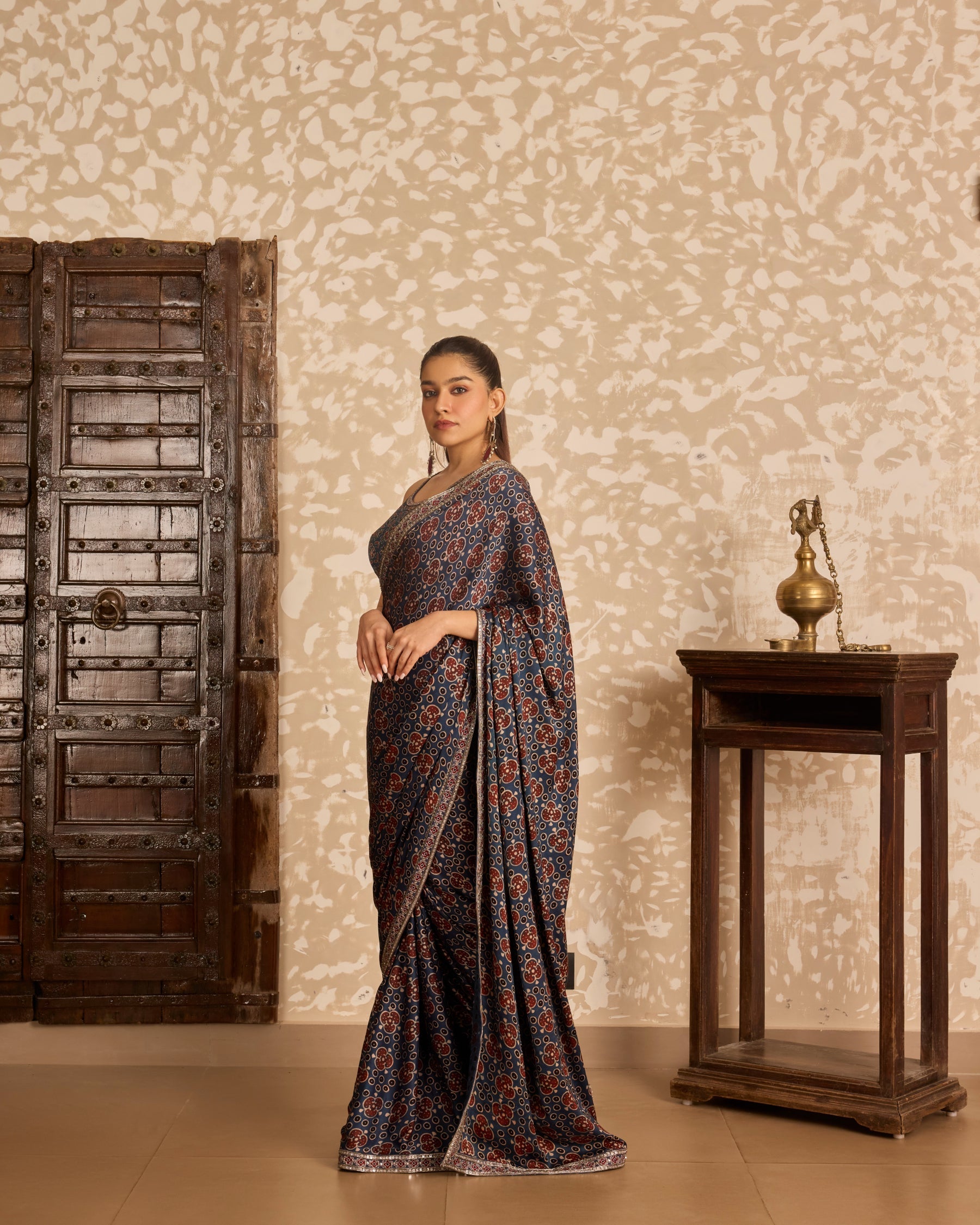 Round neck blouse with saree by Akashi Clothing with Ajrakh by Akashi Clothing at Kamakhyaa for sustainable fashion