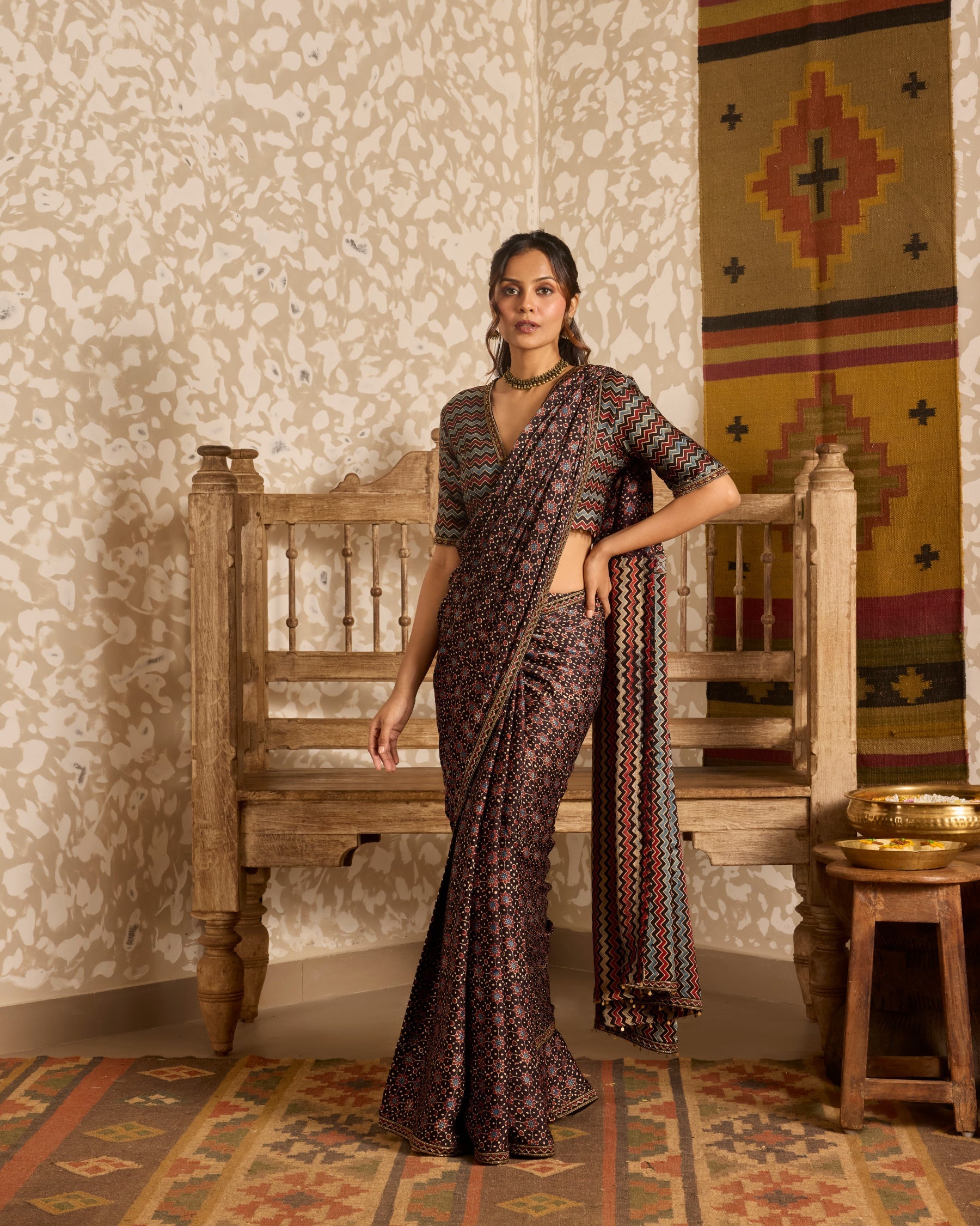 Deep neck Blouse with Saree by Akashi Clothing with Ajrakh by Akashi Clothing at Kamakhyaa for sustainable fashion