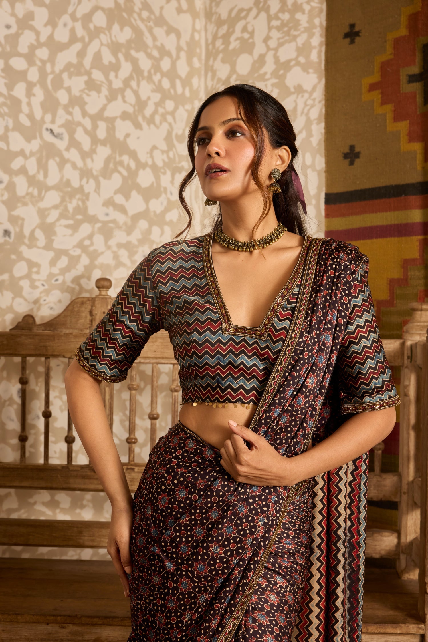 Deep neck Blouse with Saree by Akashi Clothing with Ajrakh by Akashi Clothing at Kamakhyaa for sustainable fashion