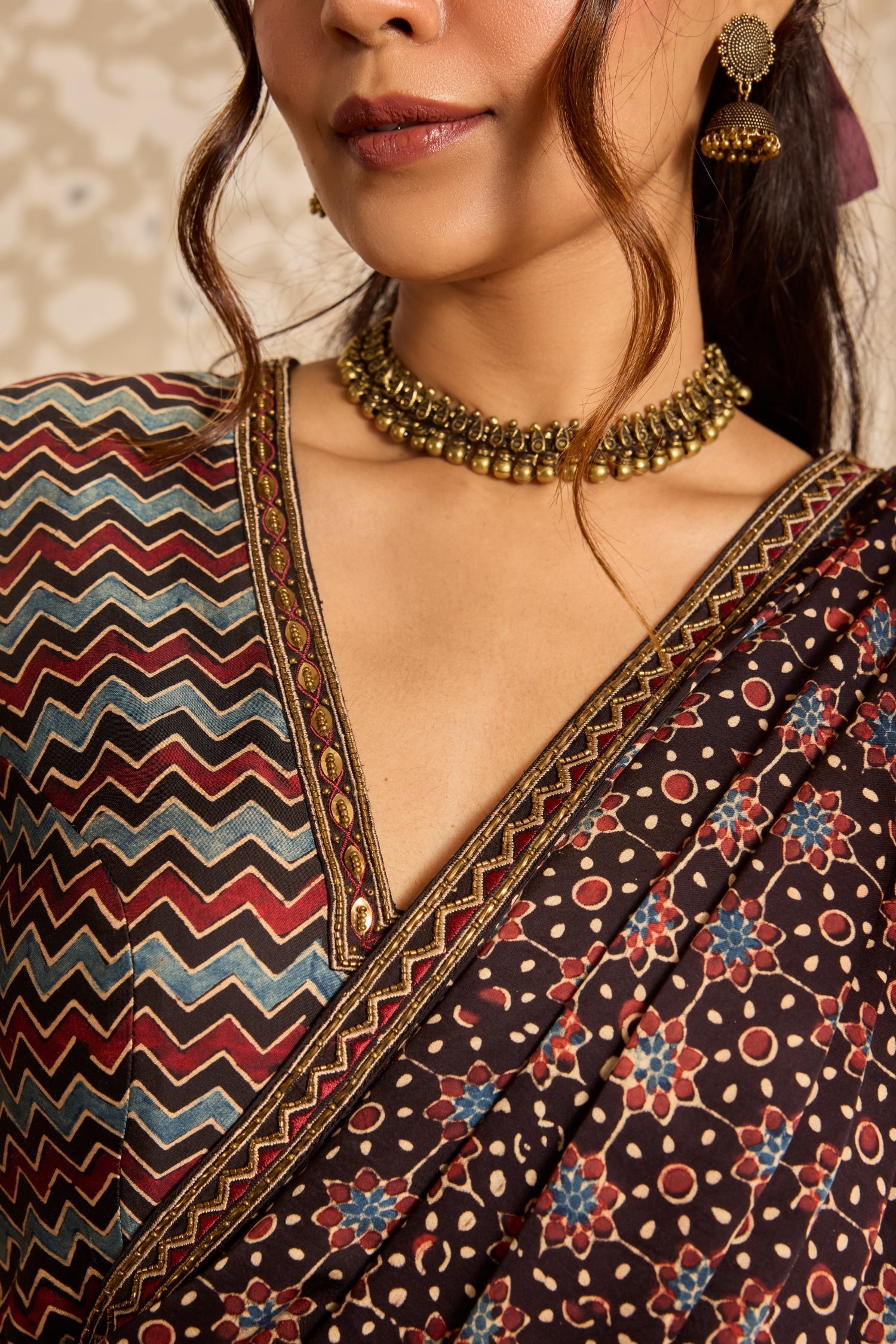 Deep neck Blouse with Saree by Akashi Clothing with Ajrakh by Akashi Clothing at Kamakhyaa for sustainable fashion
