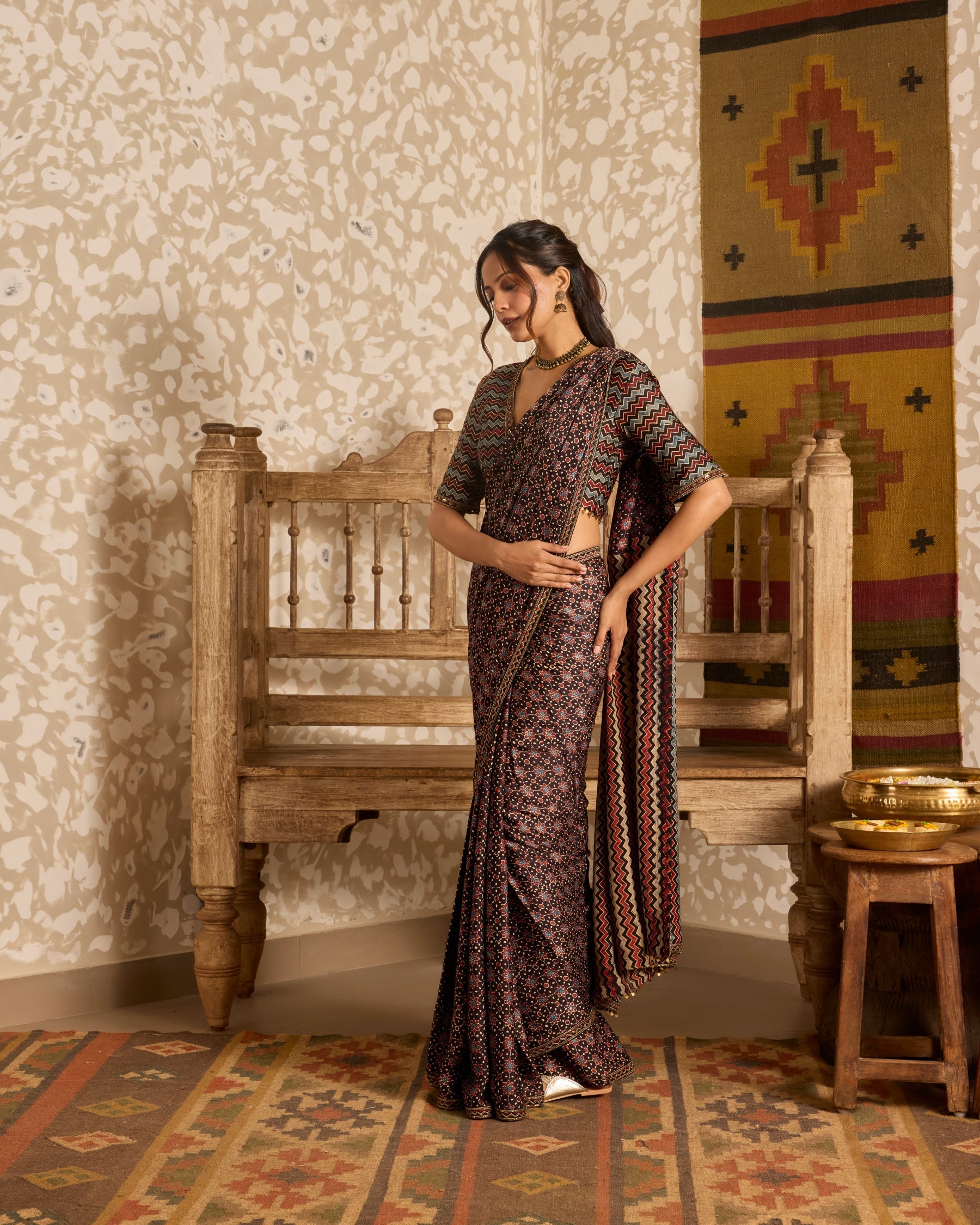 Deep neck Blouse with Saree by Akashi Clothing with Ajrakh by Akashi Clothing at Kamakhyaa for sustainable fashion