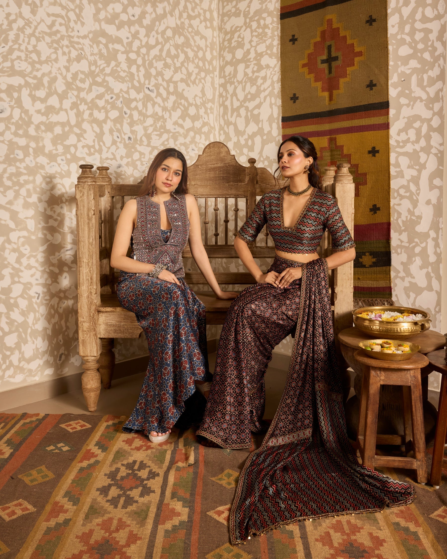 Deep neck Blouse with Saree by Akashi Clothing with Ajrakh by Akashi Clothing at Kamakhyaa for sustainable fashion