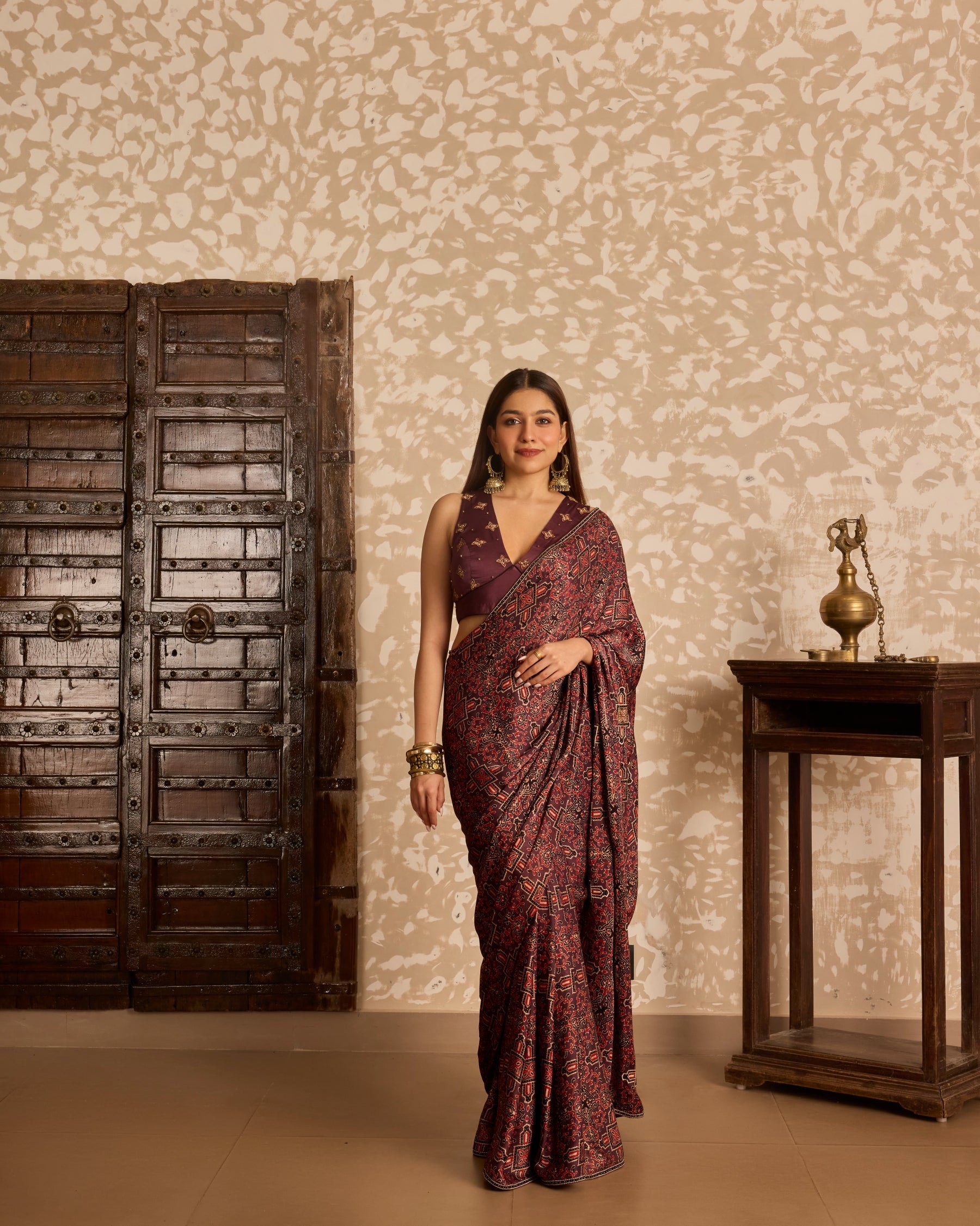 V neck tie up blouse with saree by Akashi Clothing with Ajrakh by Akashi Clothing at Kamakhyaa for sustainable fashion