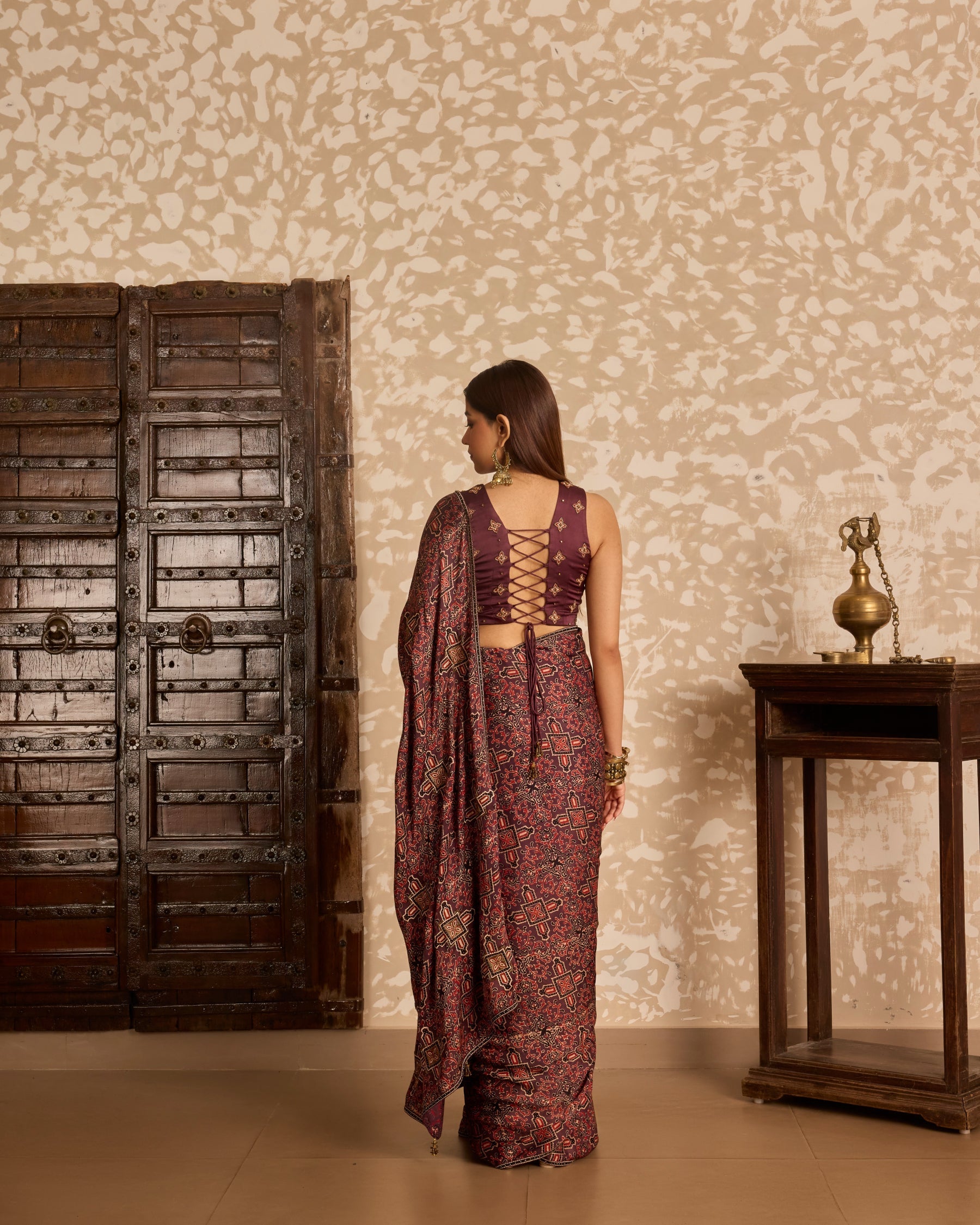 V neck tie up blouse with saree by Akashi Clothing with Ajrakh by Akashi Clothing at Kamakhyaa for sustainable fashion