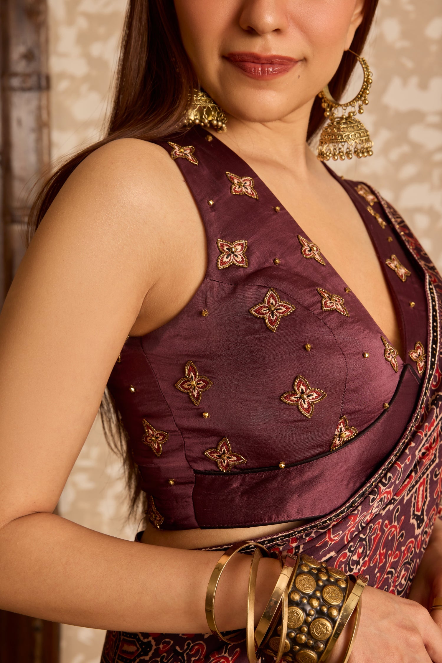 V neck tie up blouse with saree by Akashi Clothing with Ajrakh by Akashi Clothing at Kamakhyaa for sustainable fashion