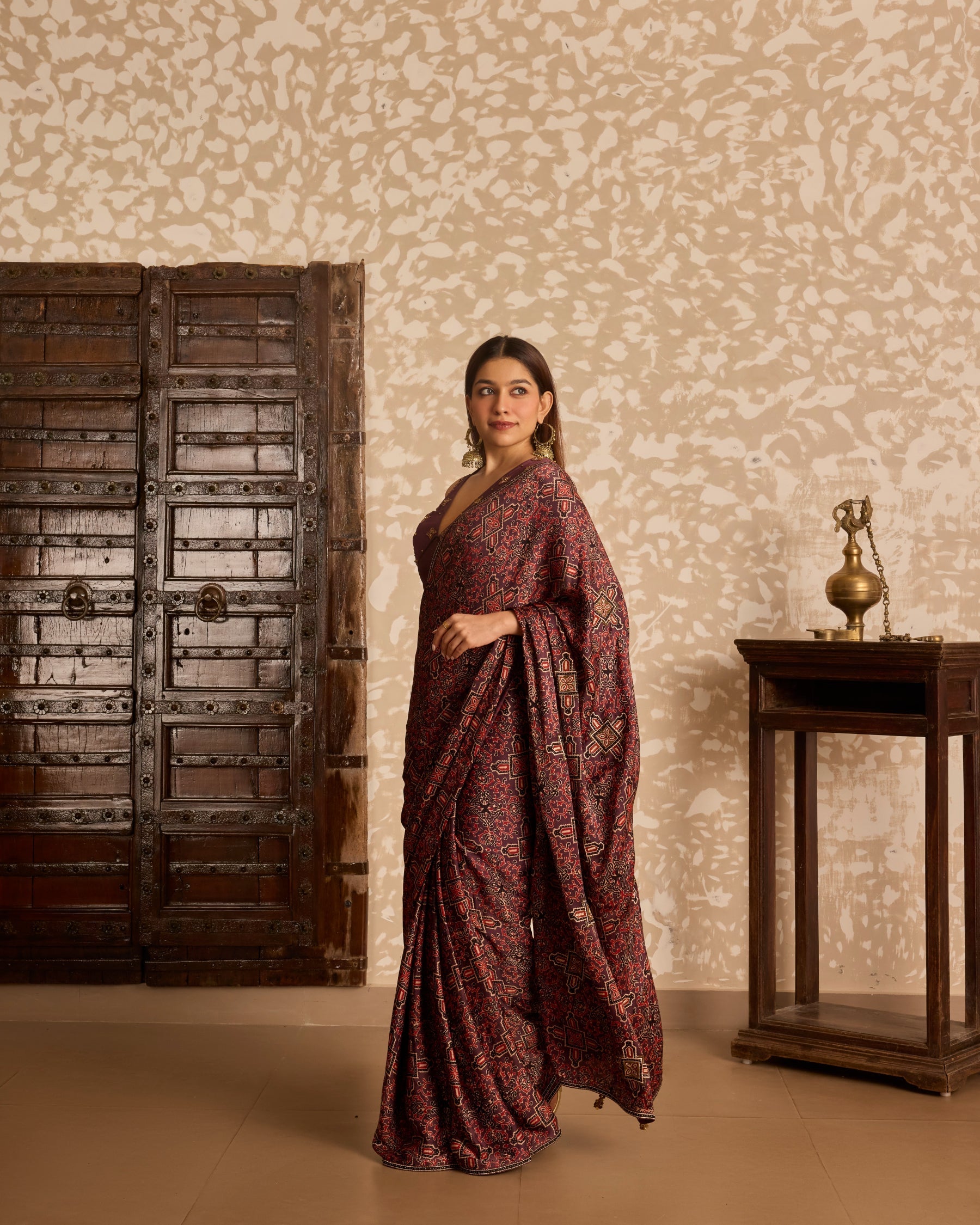 V neck tie up blouse with saree by Akashi Clothing with Ajrakh by Akashi Clothing at Kamakhyaa for sustainable fashion