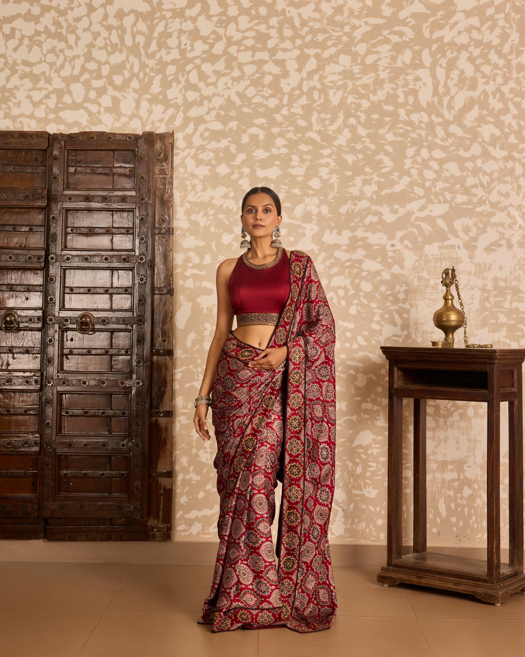 Halter neck blouse with saree by Akashi Clothing with Ajrakh by Akashi Clothing at Kamakhyaa for sustainable fashion