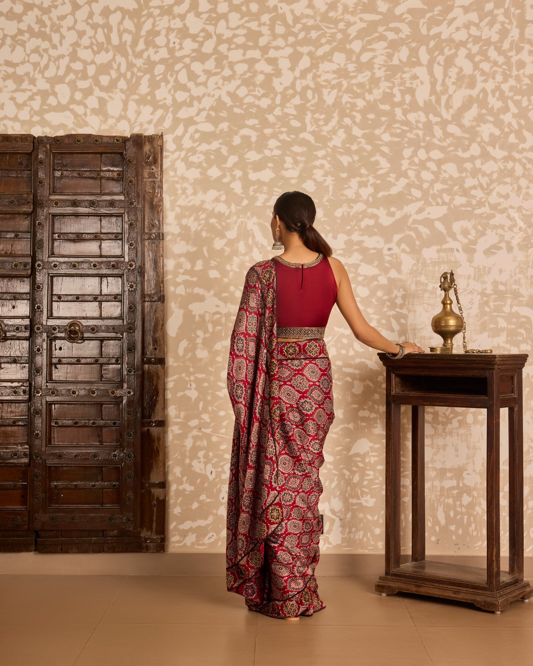 Halter neck blouse with saree by Akashi Clothing with Ajrakh by Akashi Clothing at Kamakhyaa for sustainable fashion