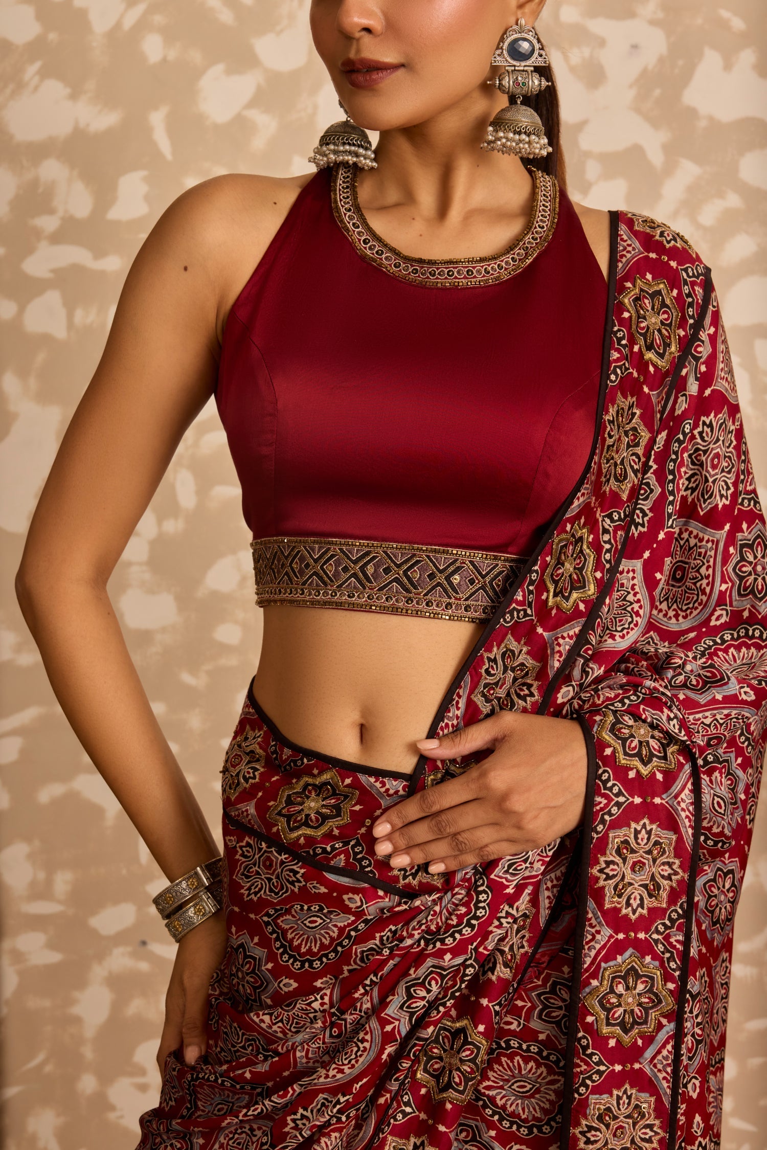 Halter neck blouse with saree by Akashi Clothing with Ajrakh by Akashi Clothing at Kamakhyaa for sustainable fashion