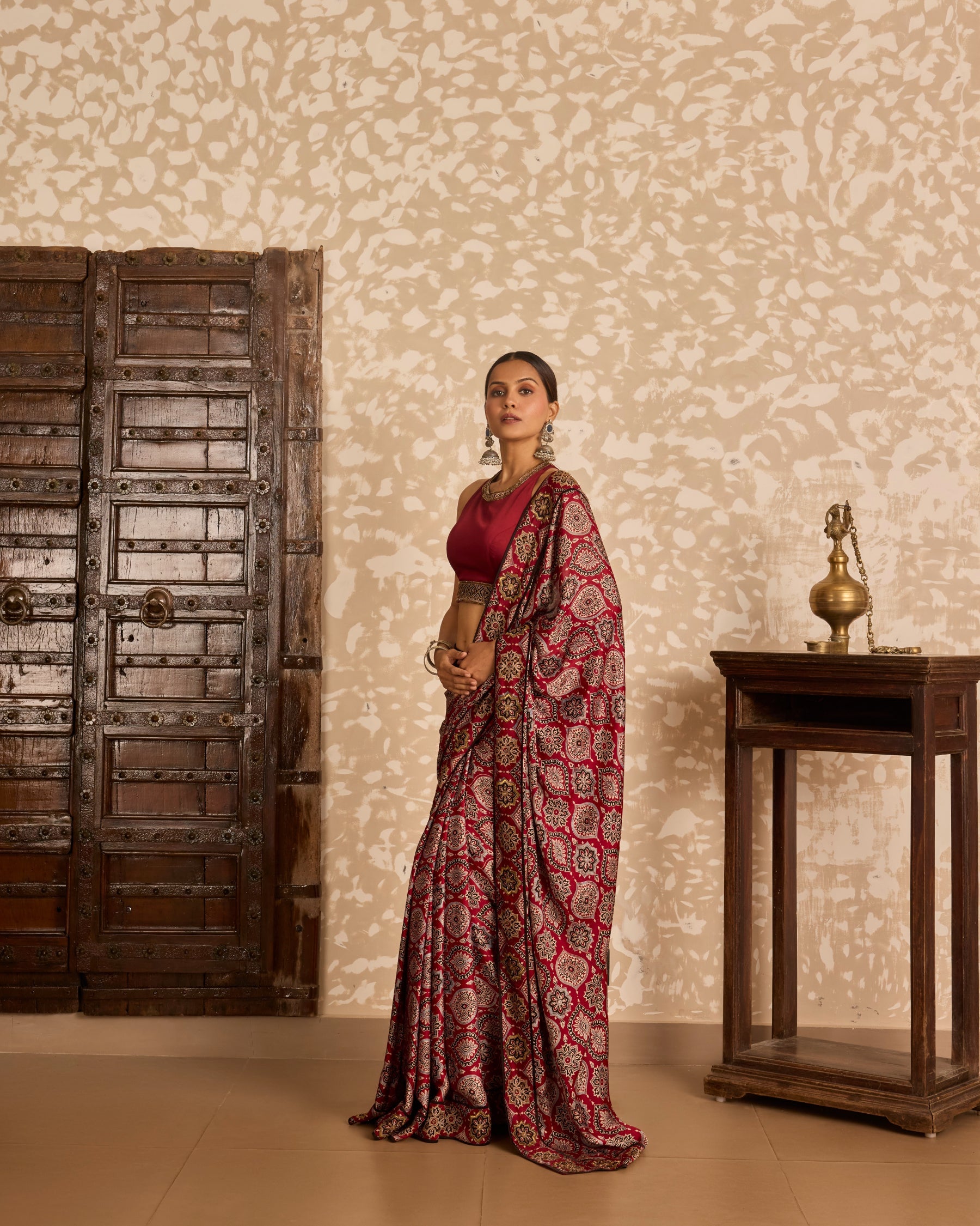 Halter neck blouse with saree by Akashi Clothing with Ajrakh by Akashi Clothing at Kamakhyaa for sustainable fashion