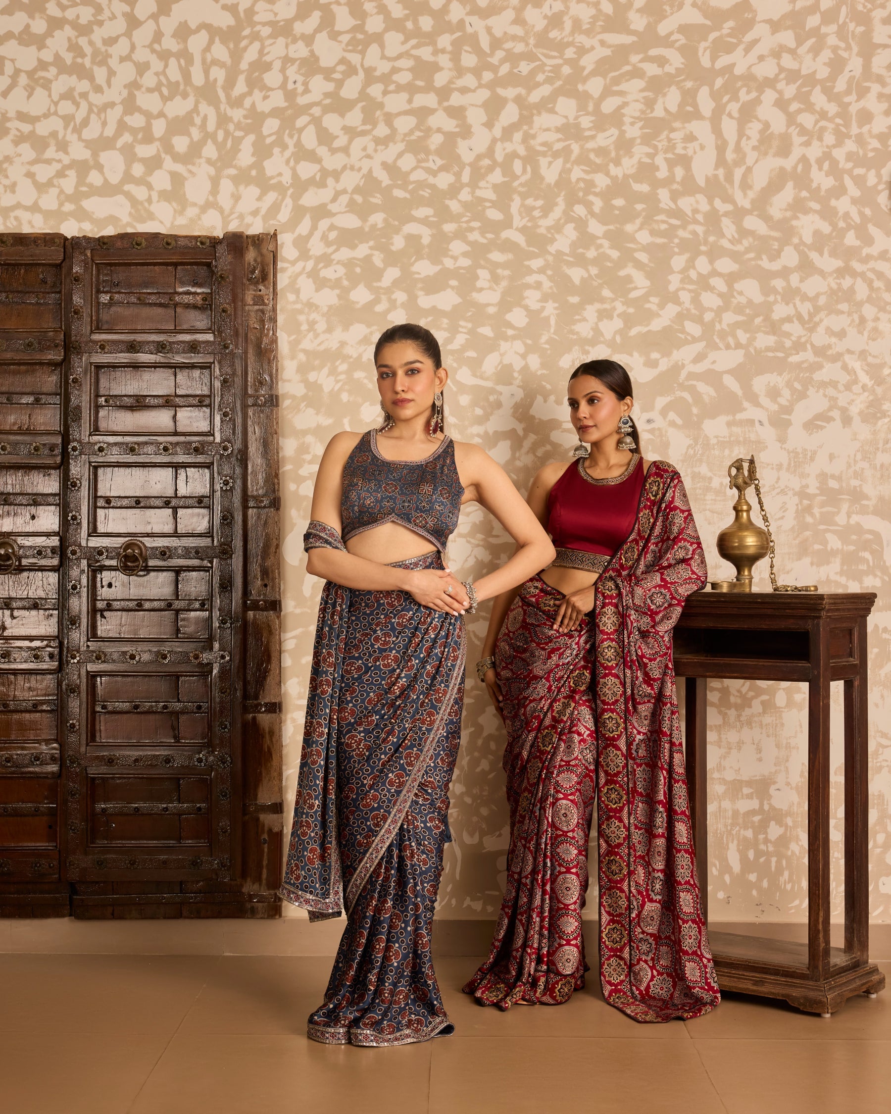 Halter neck blouse with saree by Akashi Clothing with Ajrakh by Akashi Clothing at Kamakhyaa for sustainable fashion