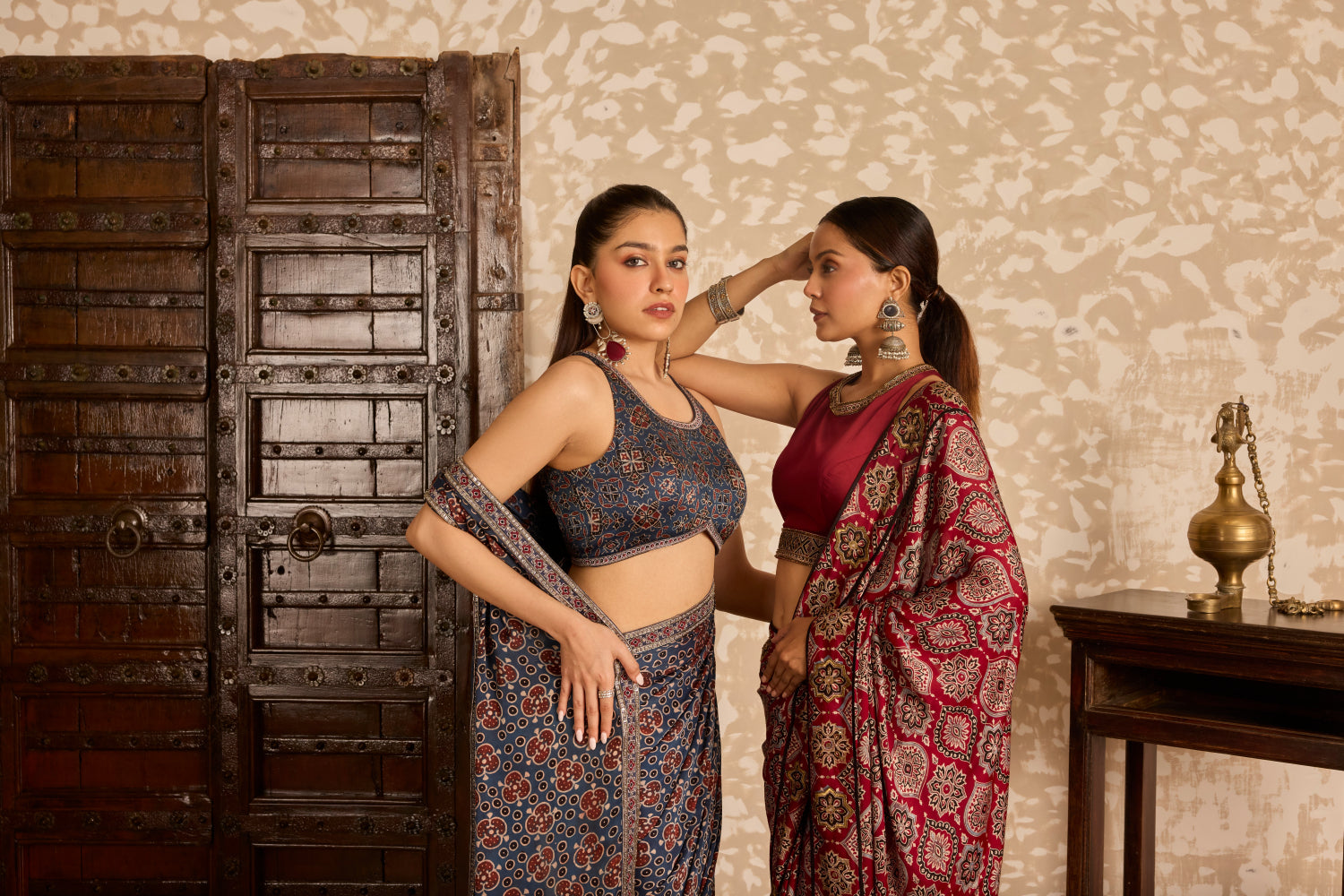 Halter neck blouse with saree by Akashi Clothing with Ajrakh by Akashi Clothing at Kamakhyaa for sustainable fashion
