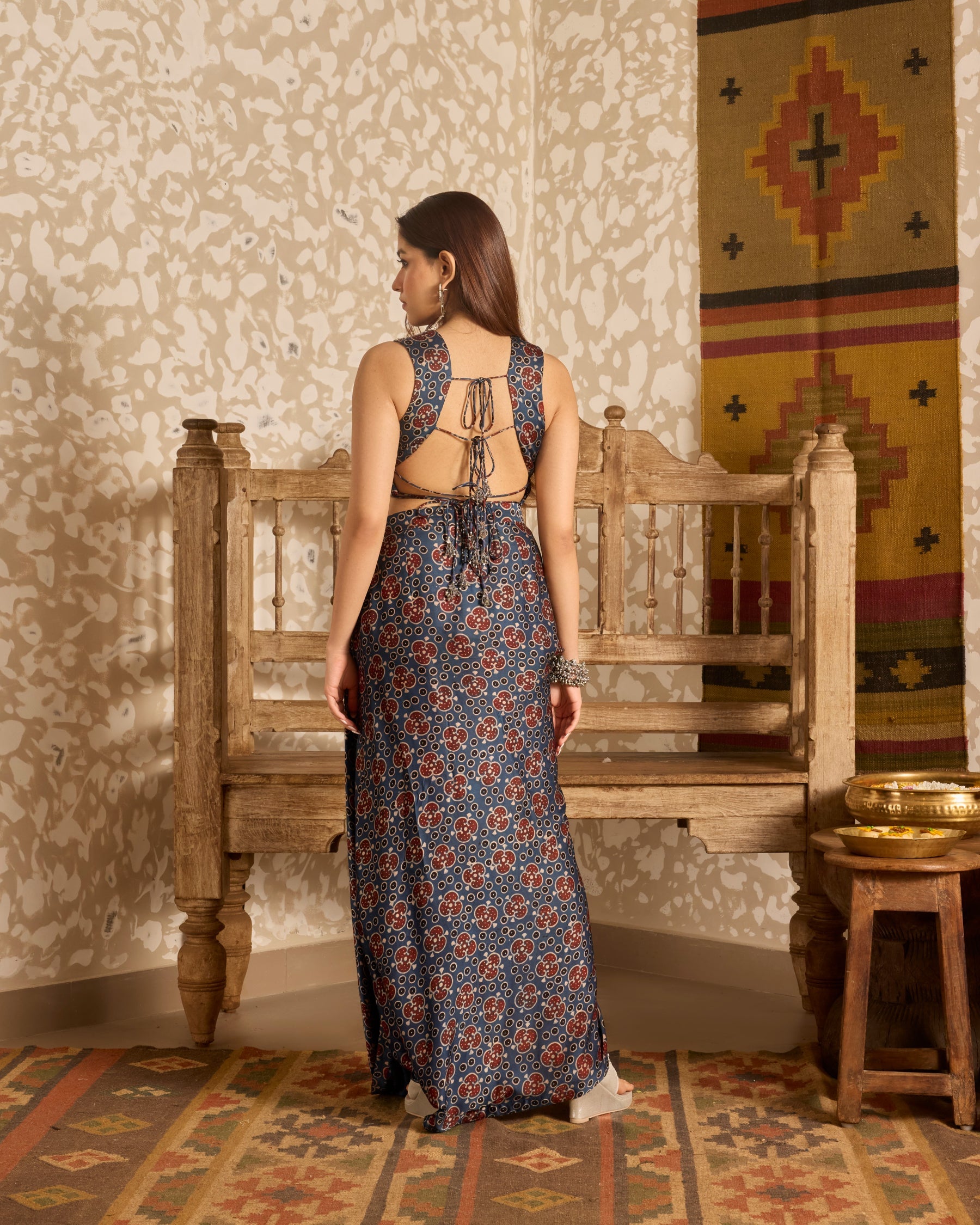 Backless tie up top and drape skirt by Akashi Clothing with Ajrakh by Akashi Clothing at Kamakhyaa for sustainable fashion