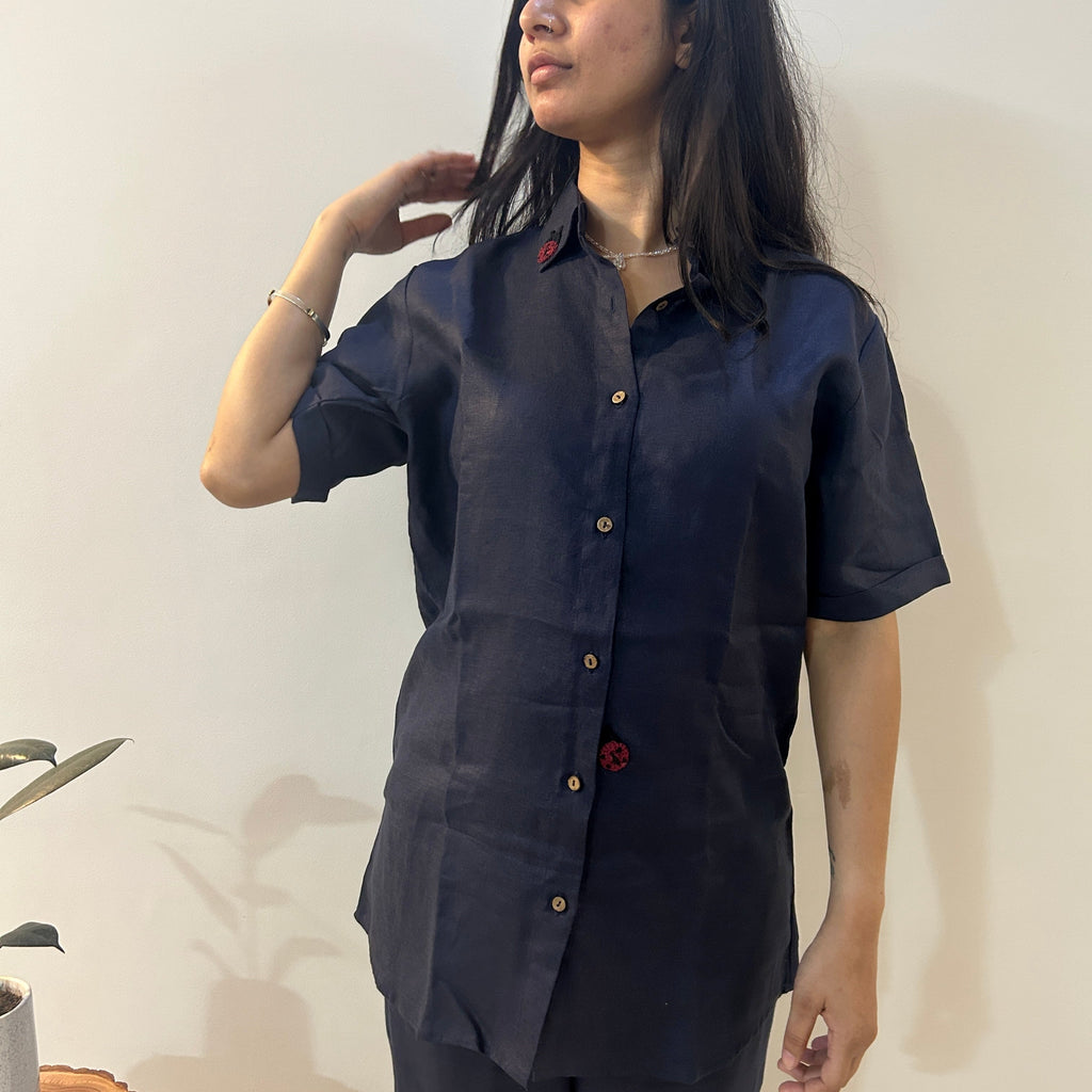 Indigo Ladybug Shirt by Ikriit'm with Linen at Kamakhyaa for sustainable fashion