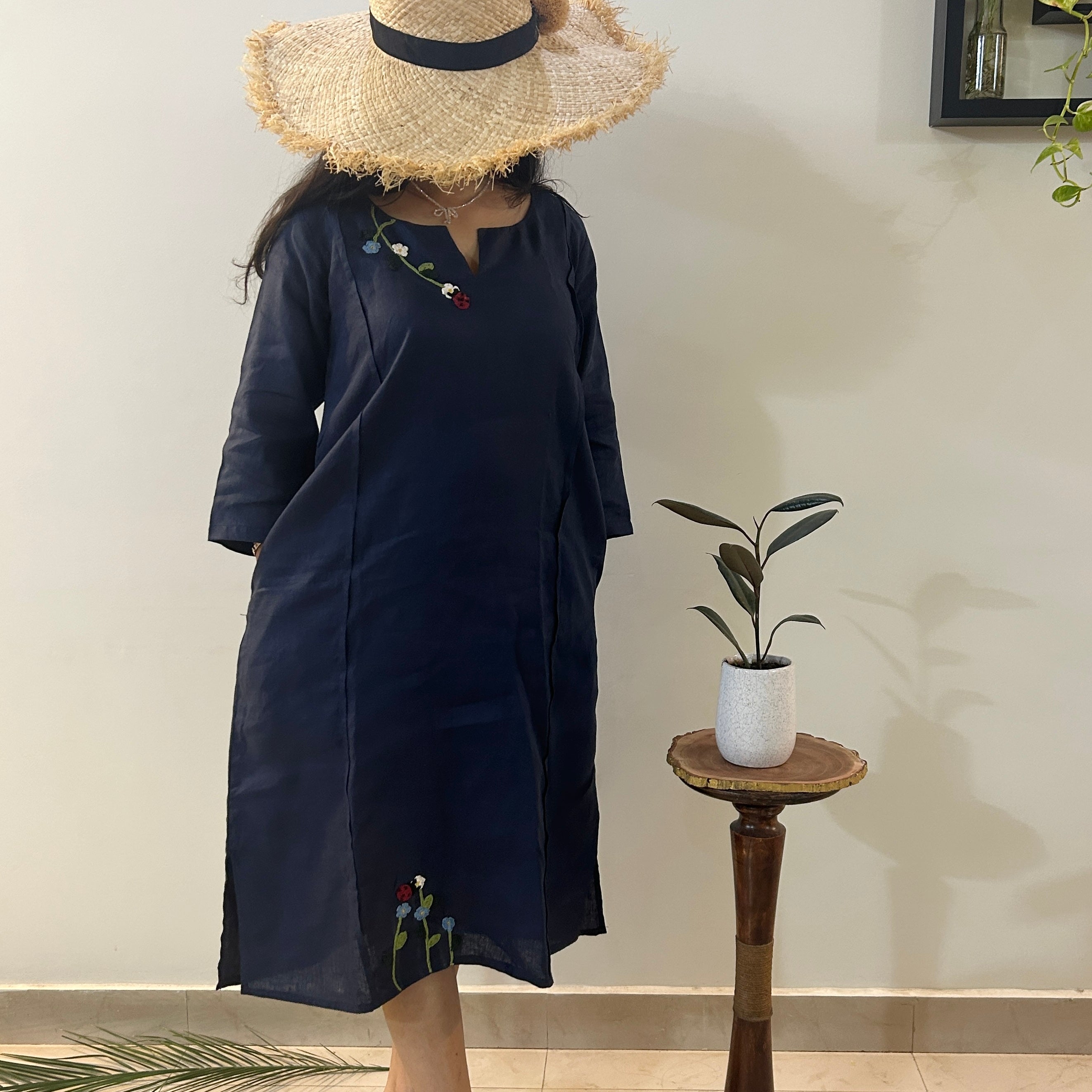 Indigo Bloom Linen Dress by Ikriit'm with Linen at Kamakhyaa for sustainable fashion