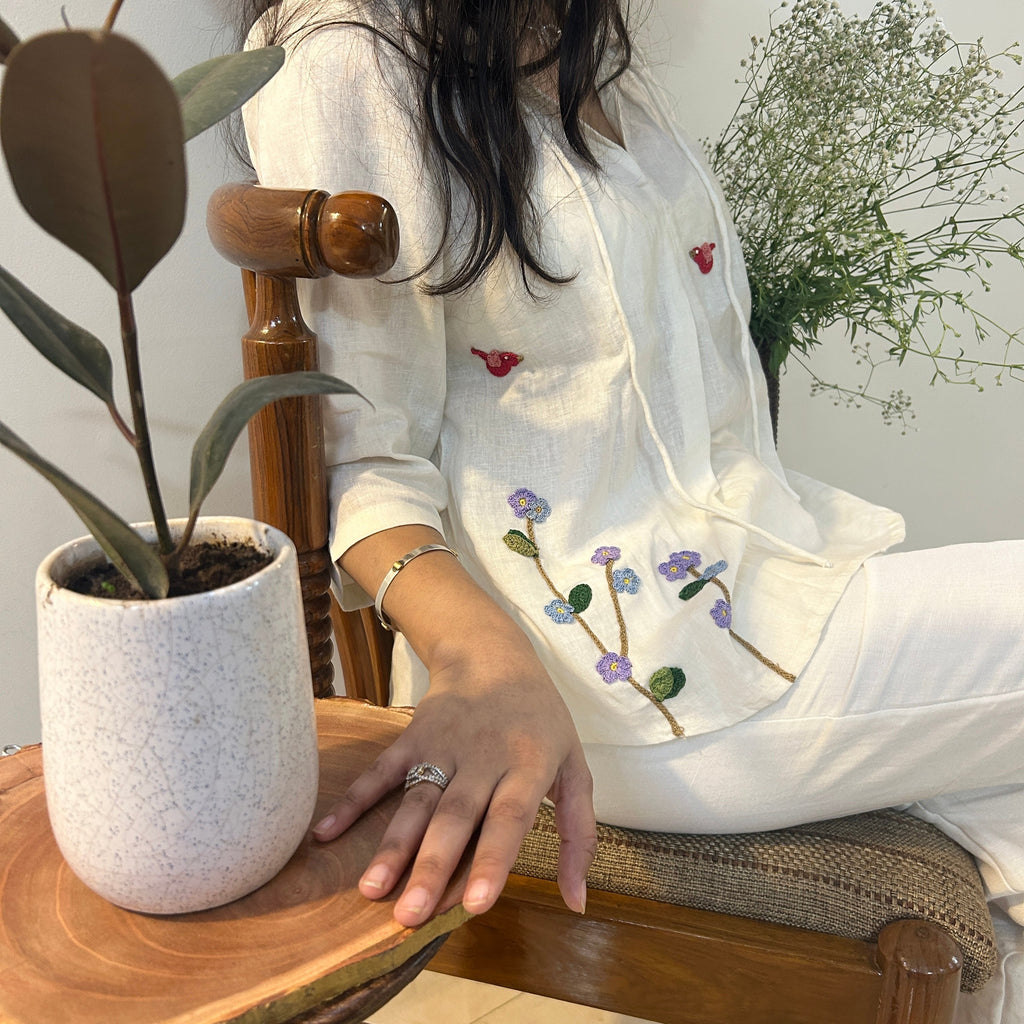 White Serene Stich Linen Top & Trouser Set by Ikriit'm with Linen at Kamakhyaa for sustainable fashion
