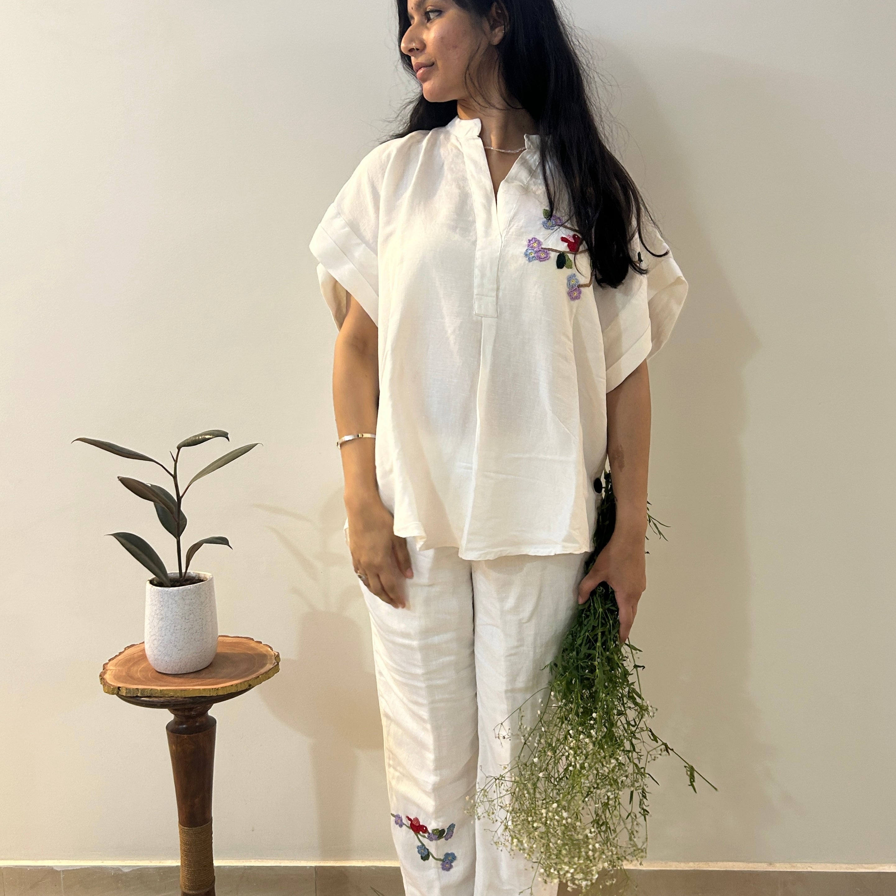 Freesize White Serene Stich Linen Set by Ikriit'm with Linen at Kamakhyaa for sustainable fashion