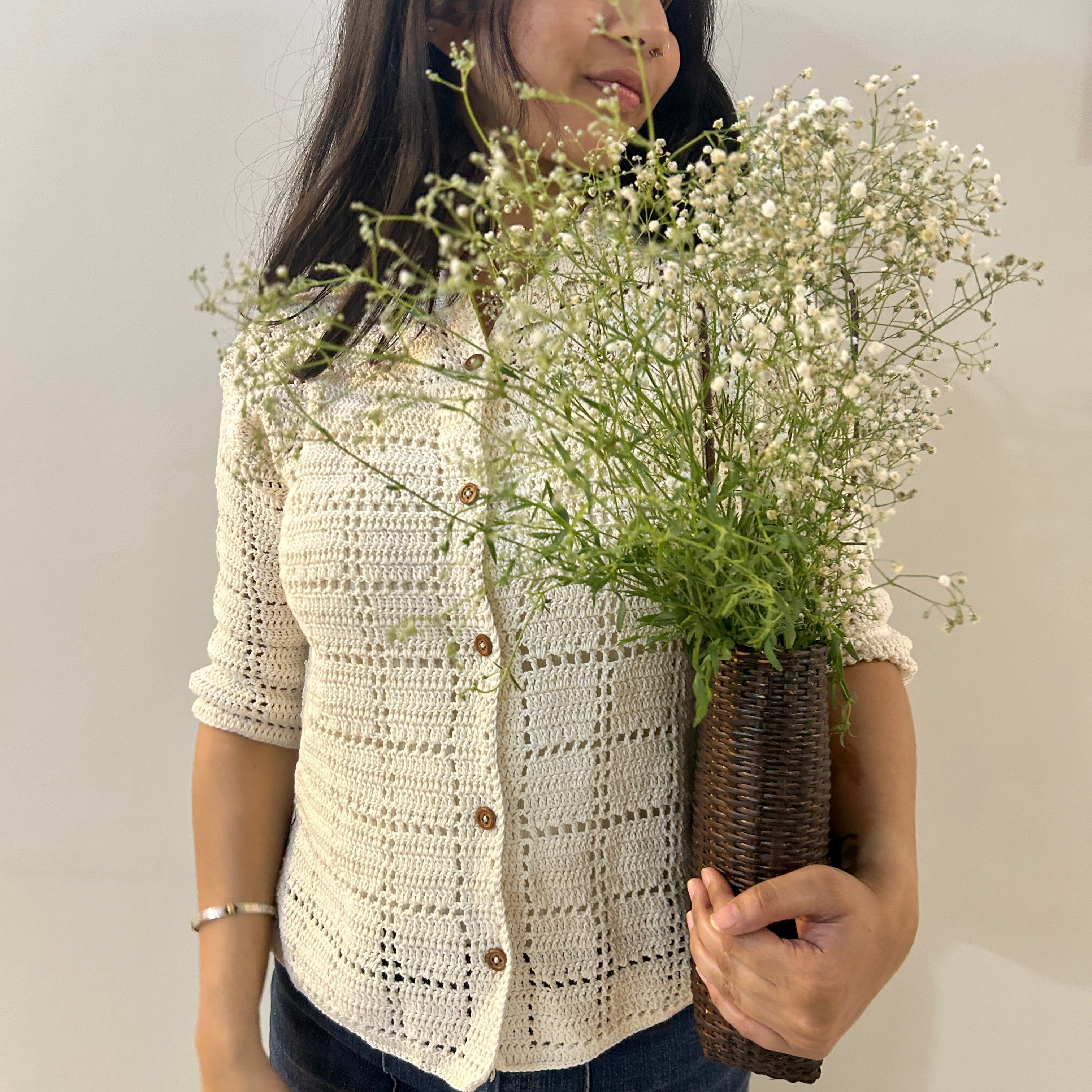 Ivory Grid Crochet Shirt by Ikriit'm with Crochet Apparel at Kamakhyaa for sustainable fashion