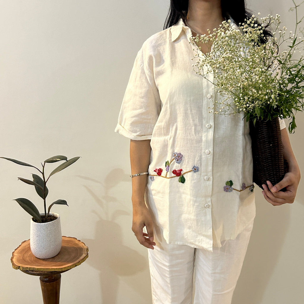 White Serene Stich Linen Shirt & Trouser Set by Ikriit'm with Linen at Kamakhyaa for sustainable fashion