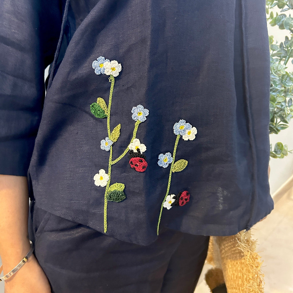 Indigo Serene Stich Linen Top & Trouser Set by Ikriit'm with Linen at Kamakhyaa for sustainable fashion