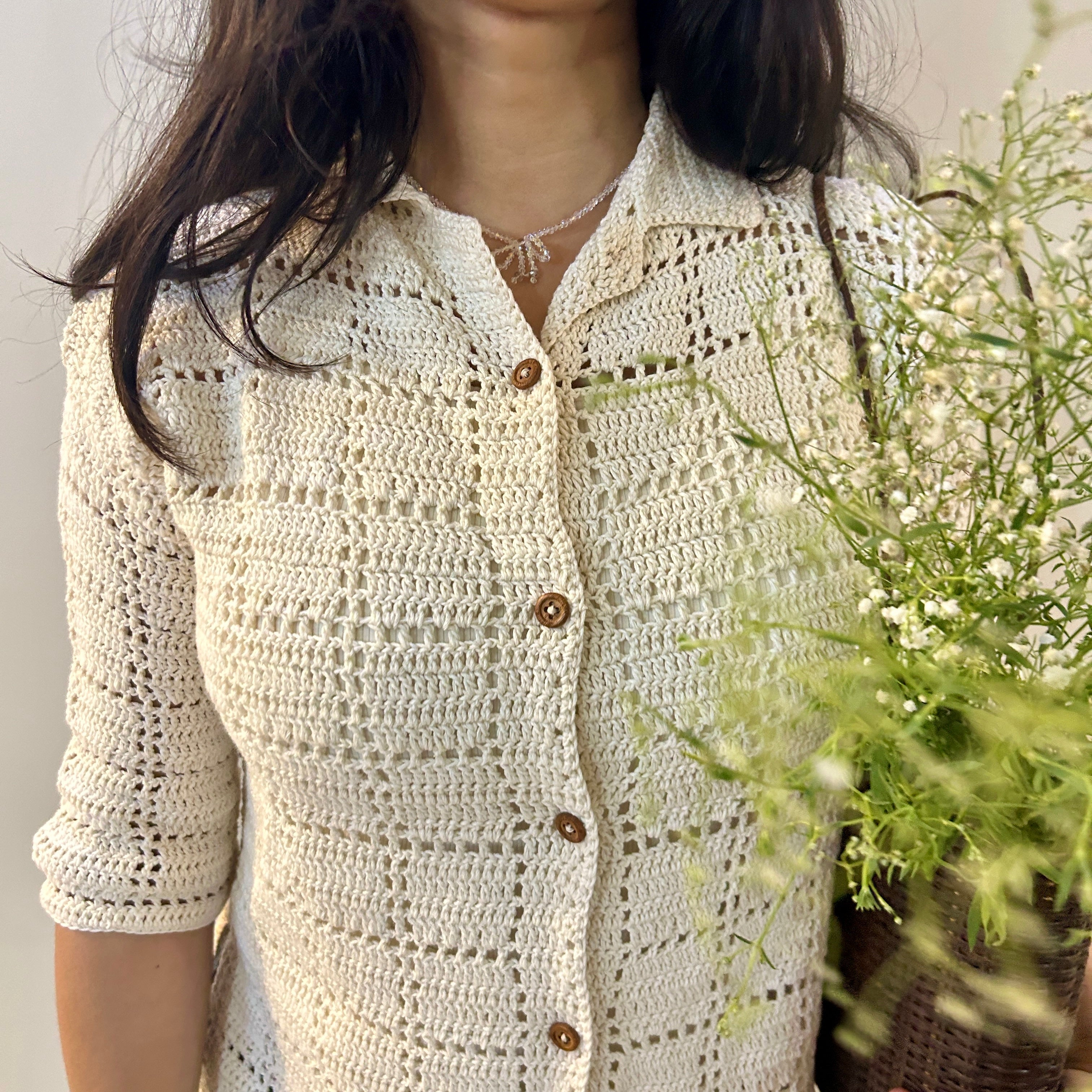 Ivory Grid Crochet Shirt by Ikriit'm with Crochet Apparel at Kamakhyaa for sustainable fashion